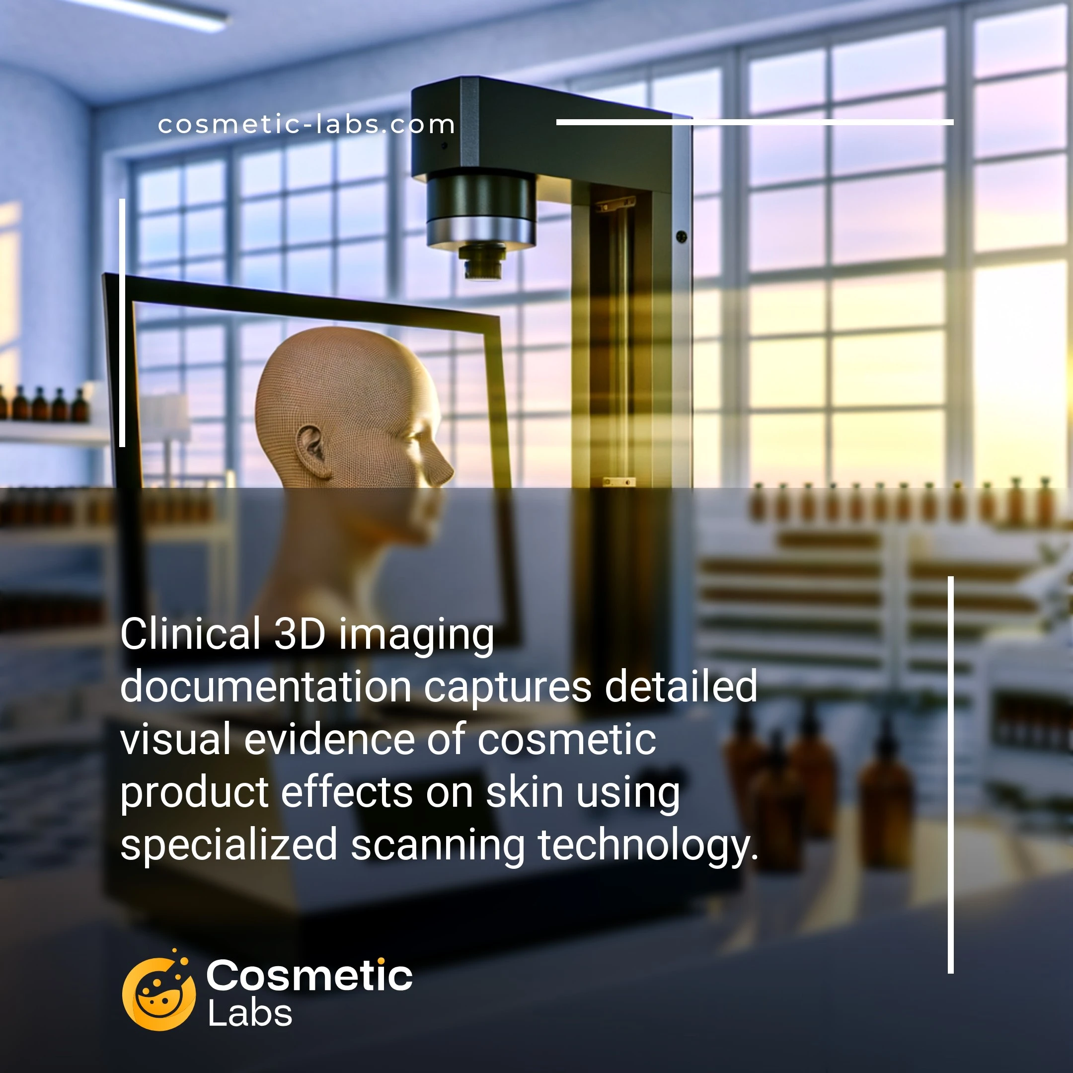 Illustration of Clinical 3D imaging documentation services. Clinical 3D imaging documentation captures detailed visual evidence of cosmetic product effects on skin using specialized scanning technology.