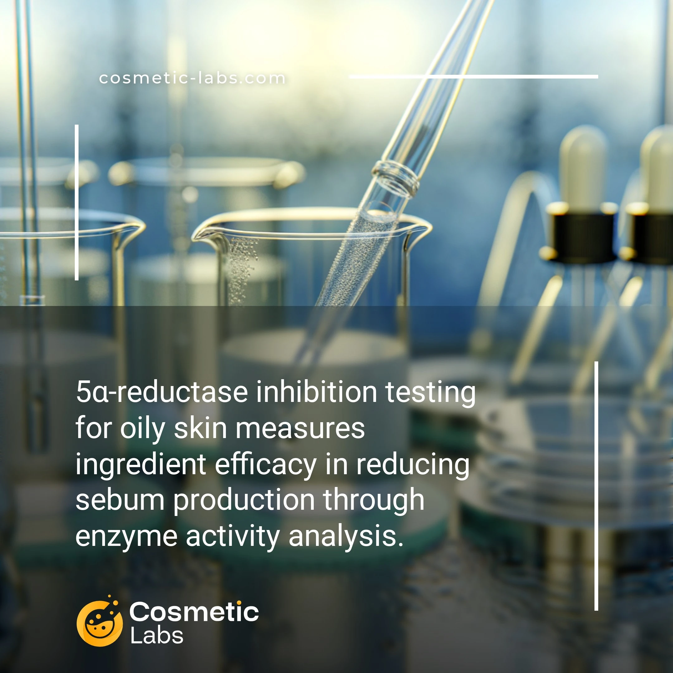 Illustration of 5α-reductase inhibition services. 5α-reductase inhibition testing for oily skin measures ingredient efficacy in reducing sebum production through enzyme activity analysis.