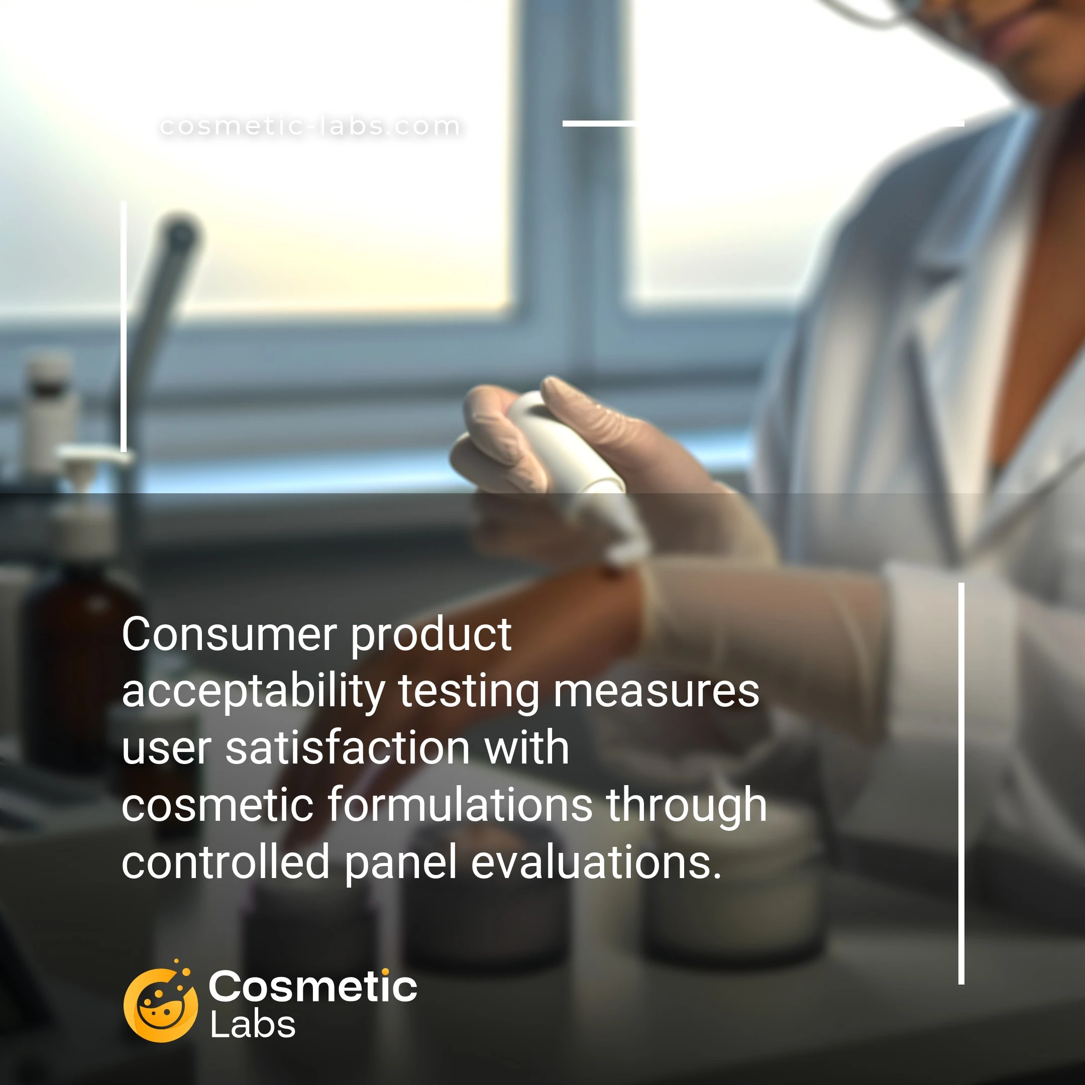 Illustration of Consumer product acceptability testing services. Consumer product acceptability testing measures user satisfaction with cosmetic formulations through controlled panel evaluations.