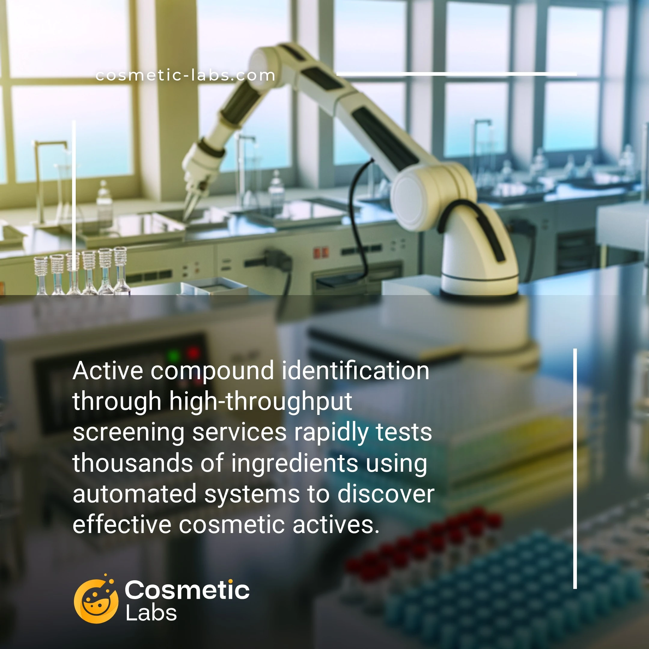 Illustration of Active compound identification through high-throughput screening services. Active compound identification through high-throughput screening services rapidly tests thousands of ingredients using automated systems to discover effective cosmetic actives.