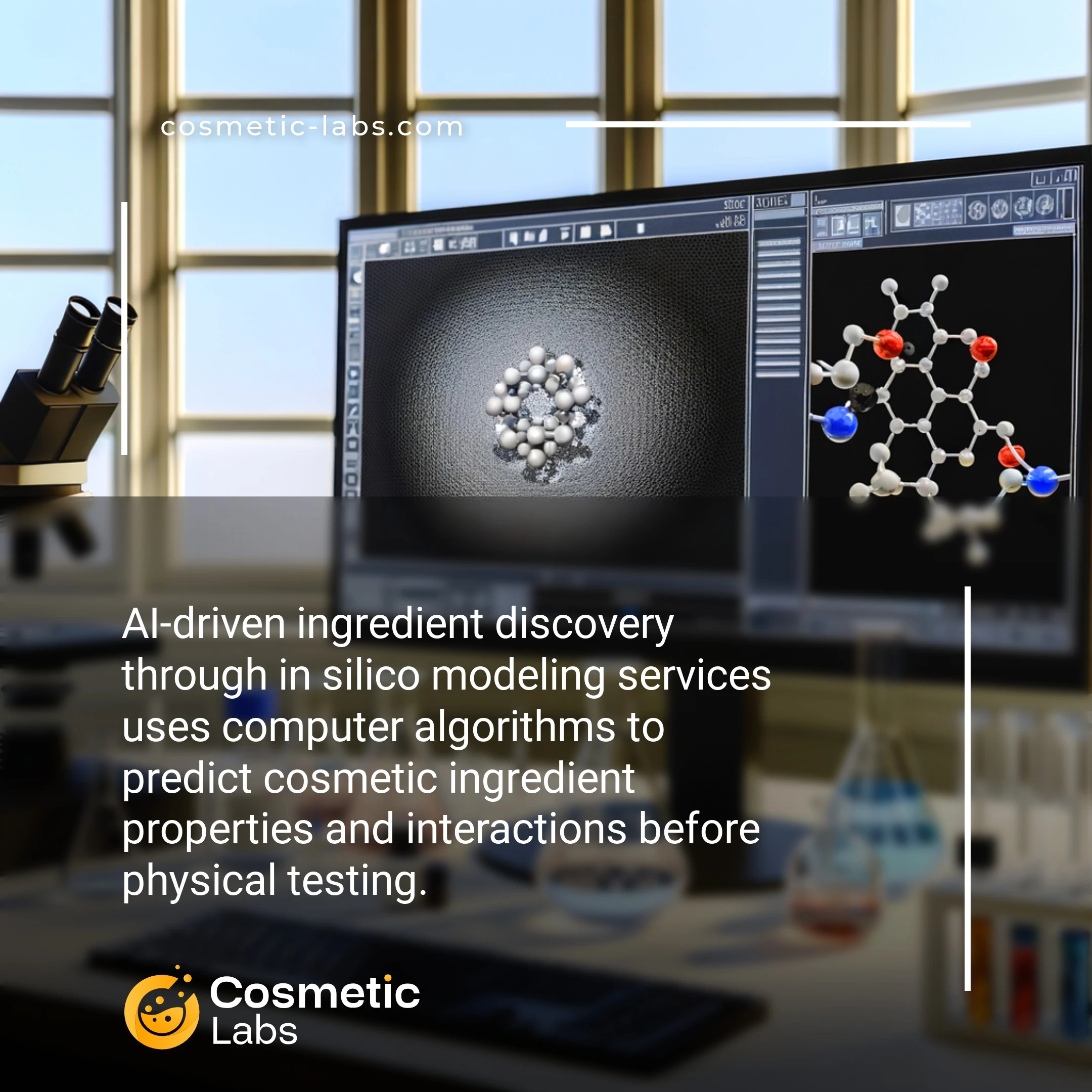 Illustration of AI-driven ingredient discovery through in silico modeling services. AI-driven ingredient discovery through in silico modeling services uses computer algorithms to predict cosmetic ingredient properties and interactions before physical testing.