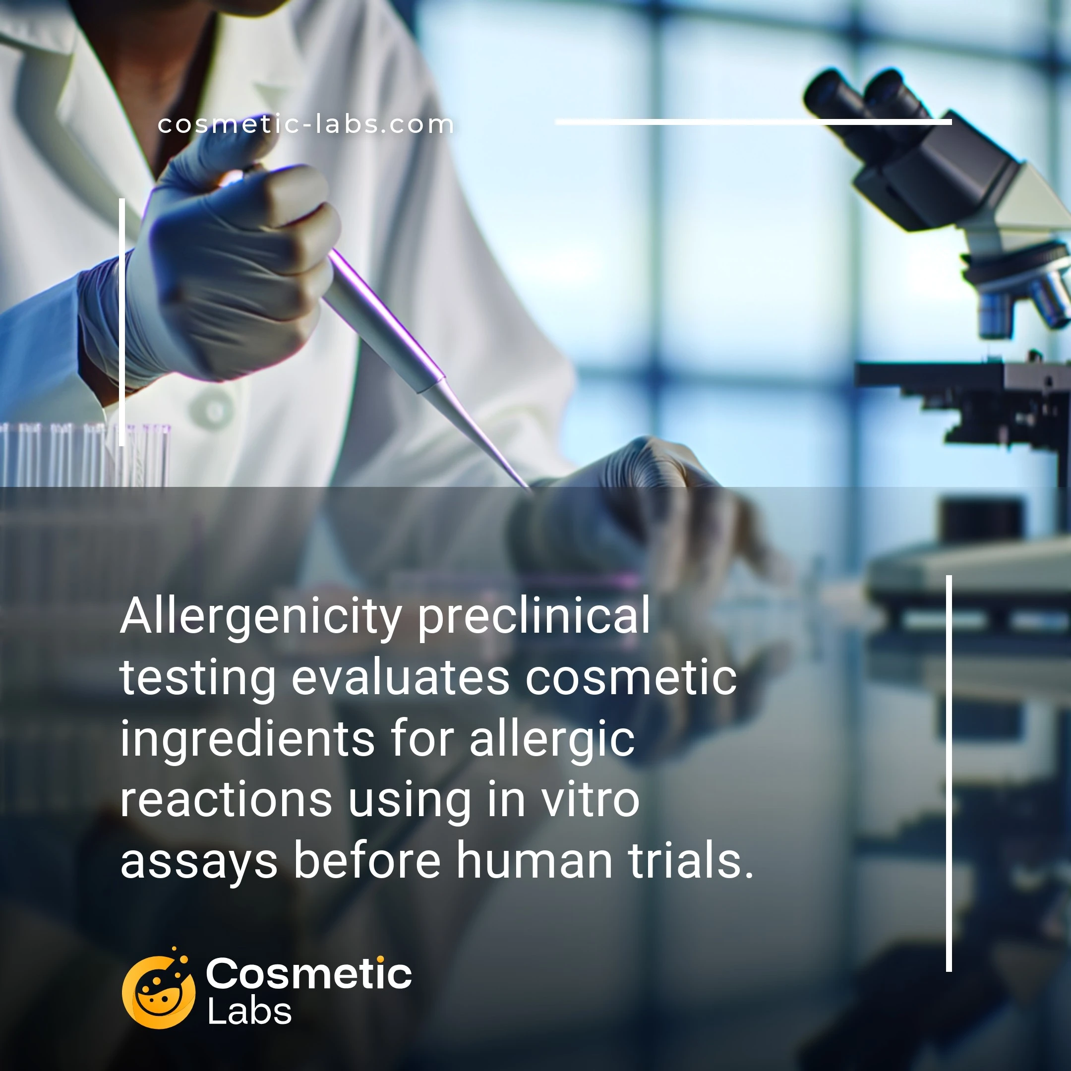 Illustration of Allergenicity preclinical testing services. Allergenicity preclinical testing evaluates cosmetic ingredients for allergic reactions using in vitro assays before human trials.