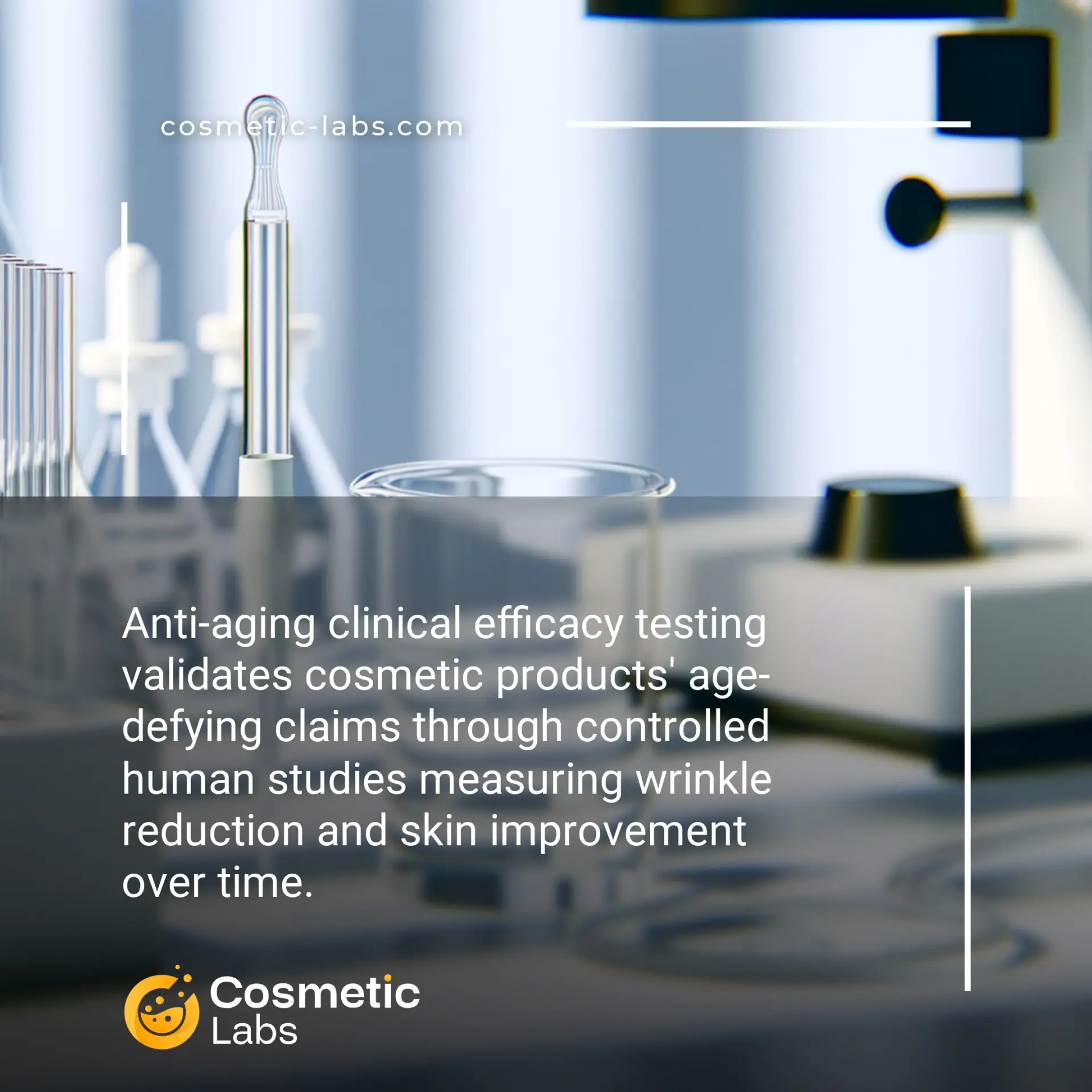 Illustration of Anti-aging efficacy testing services. Anti-aging clinical efficacy testing validates cosmetic products' age-defying claims through controlled human studies measuring wrinkle reduction and skin improvement over time.
