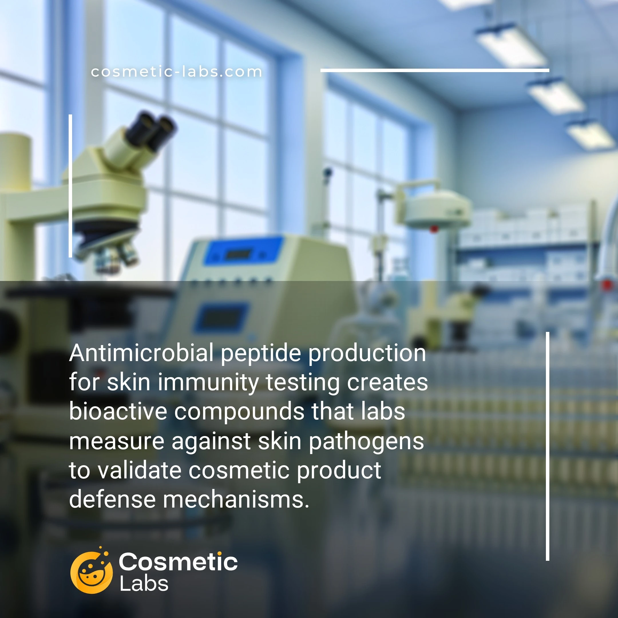 Illustration of Antimicrobial peptides production services. Antimicrobial peptide production for skin immunity testing creates bioactive compounds that labs measure against skin pathogens to validate cosmetic product defense mechanisms.