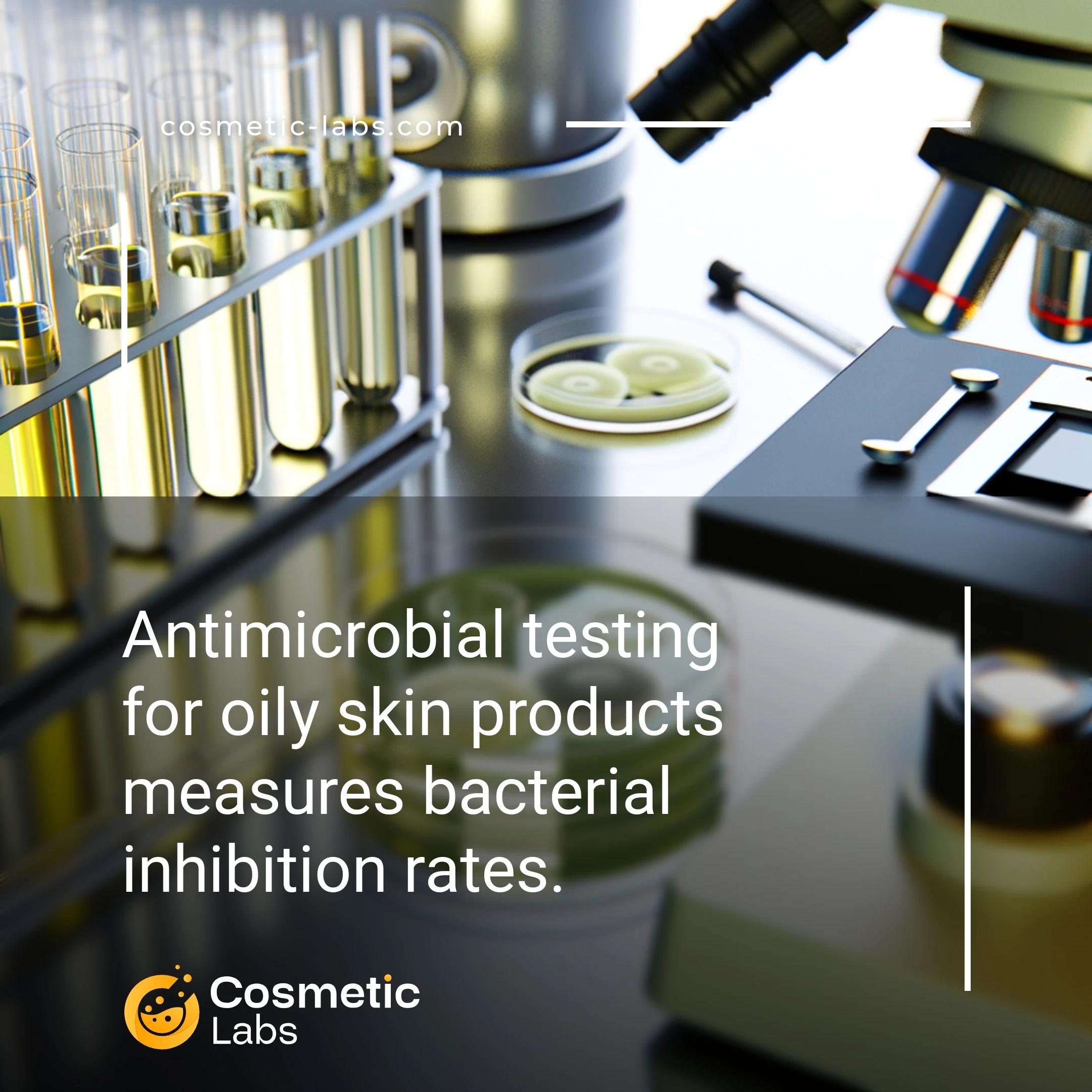 Illustration of Antimicrobial activity services. Antimicrobial testing for oily skin products measures bacterial inhibition rates.