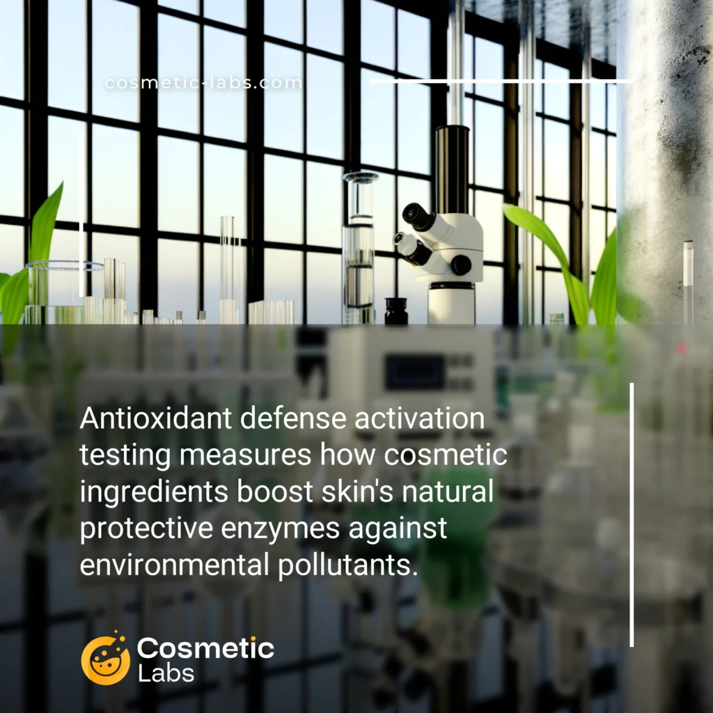Illustration of Antioxidant defense activation services. Antioxidant defense activation testing measures how cosmetic ingredients boost skin's natural protective enzymes against environmental pollutants.