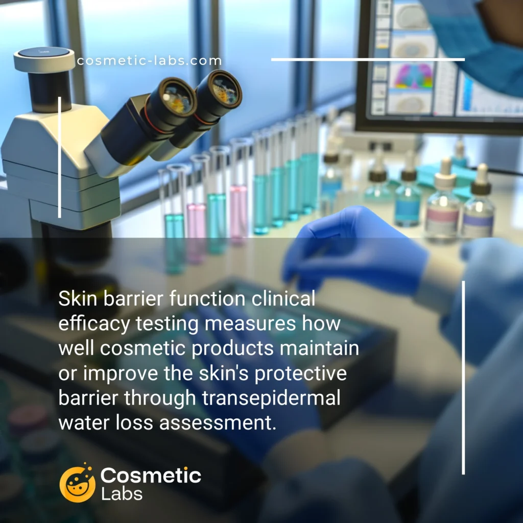 Illustration of Skin barrier function efficacy testing services. Skin barrier function clinical efficacy testing measures how well cosmetic products maintain or improve the skin's protective barrier through transepidermal water loss assessment.