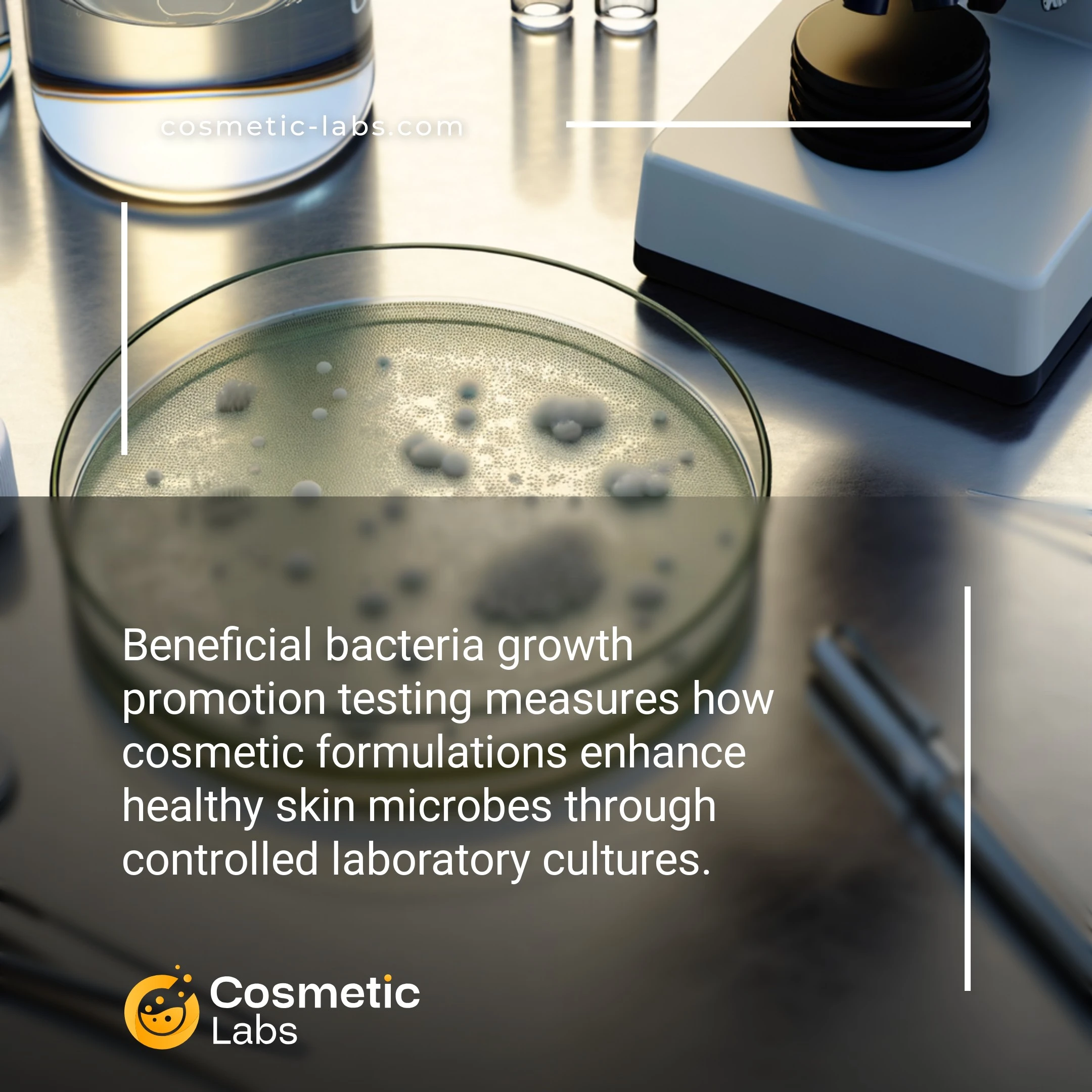 Illustration of Beneficial bacteria growth promotion testing services. Beneficial bacteria growth promotion testing measures how cosmetic formulations enhance healthy skin microbes through controlled laboratory cultures.