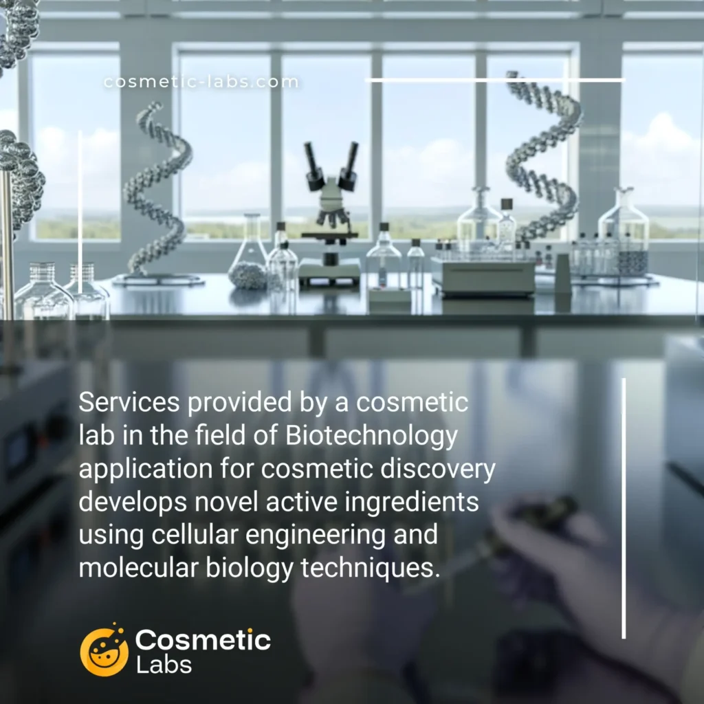 Illustration of Biotechnology application services. Services provided by a cosmetic lab in the field of Biotechnology application for cosmetic discovery develops novel active ingredients using cellular engineering and molecular biology techniques.