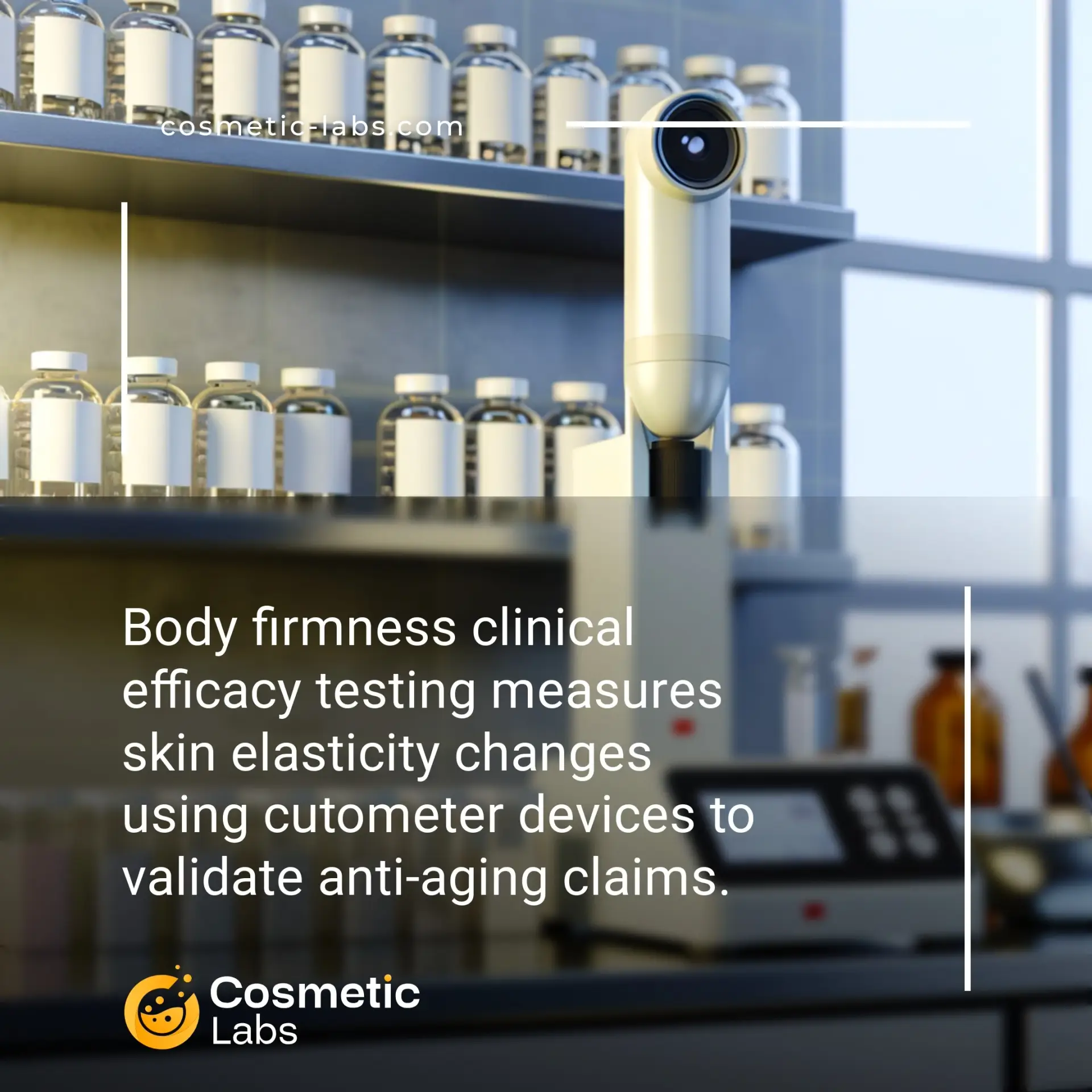 Illustration of Body firmness efficacy testing services. Body firmness clinical efficacy testing measures skin elasticity changes using cutometer devices to validate anti-aging claims.