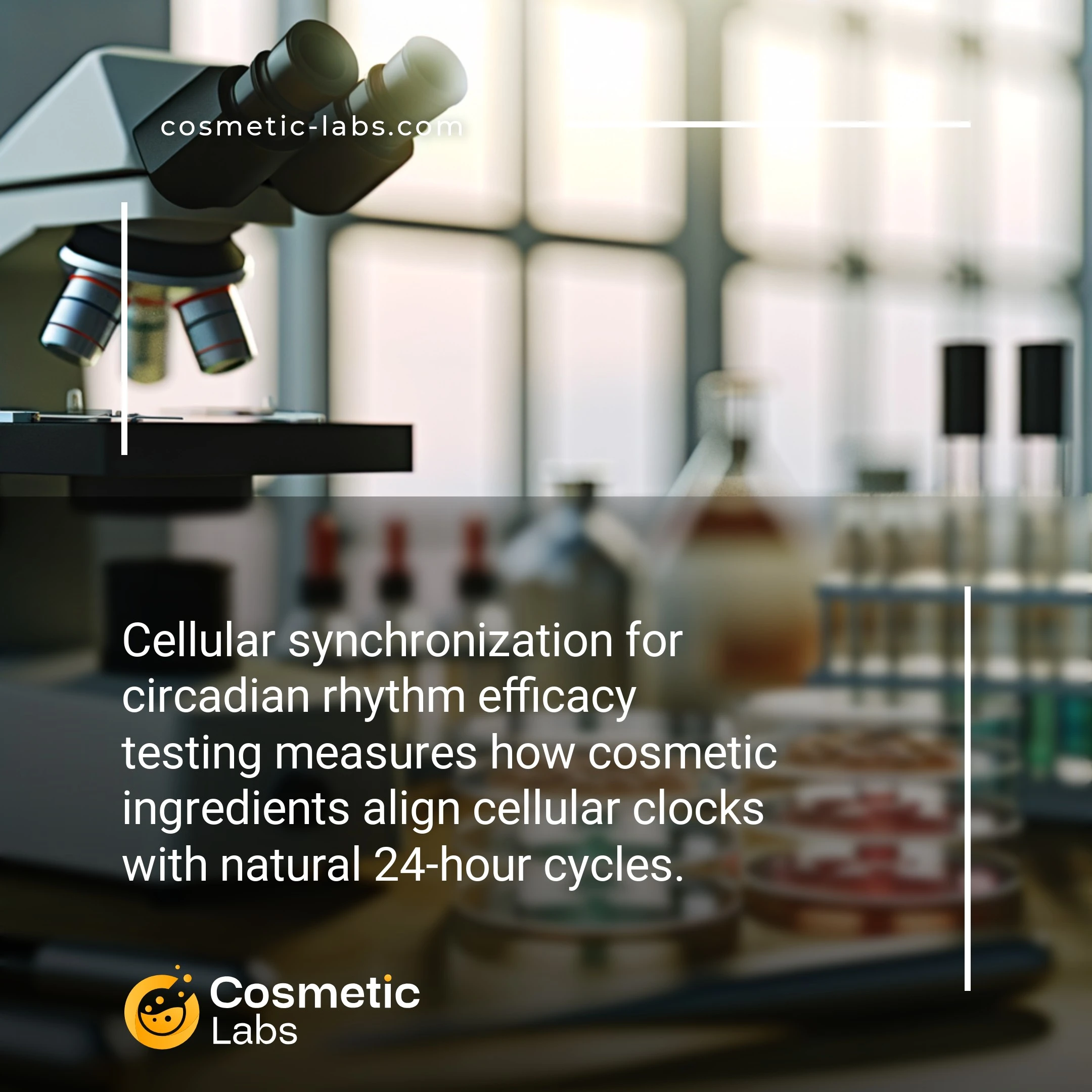 Illustration of Cellular synchronization services. Cellular synchronization for circadian rhythm efficacy testing measures how cosmetic ingredients align cellular clocks with natural 24-hour cycles.