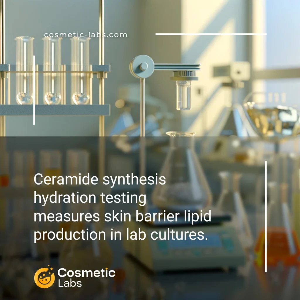 Illustration of Ceramide synthesis services. Ceramide synthesis hydration testing measures skin barrier lipid production in lab cultures.