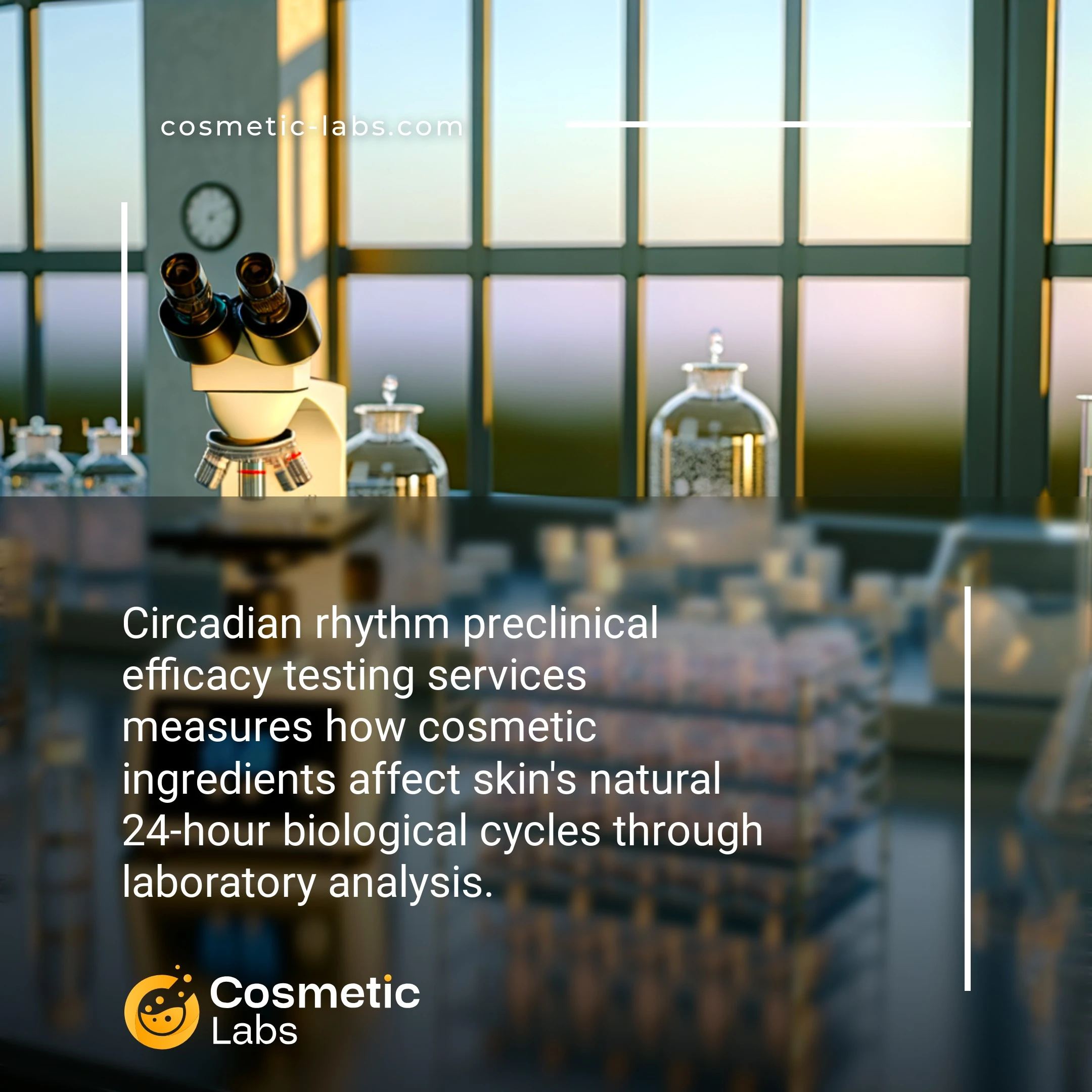 Illustration of Circadian rhythm efficacy testing services. Circadian rhythm preclinical efficacy testing services measures how cosmetic ingredients affect skin's natural 24-hour biological cycles through laboratory analysis.