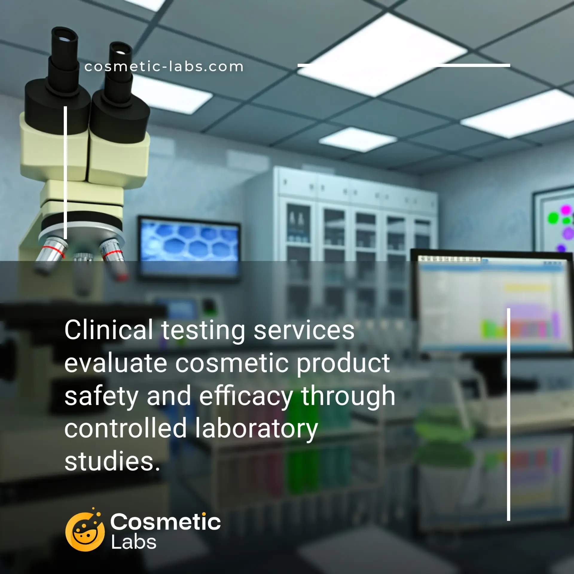 Illustration of Clinical testing services. Clinical testing services evaluate cosmetic product safety and efficacy through controlled laboratory studies.