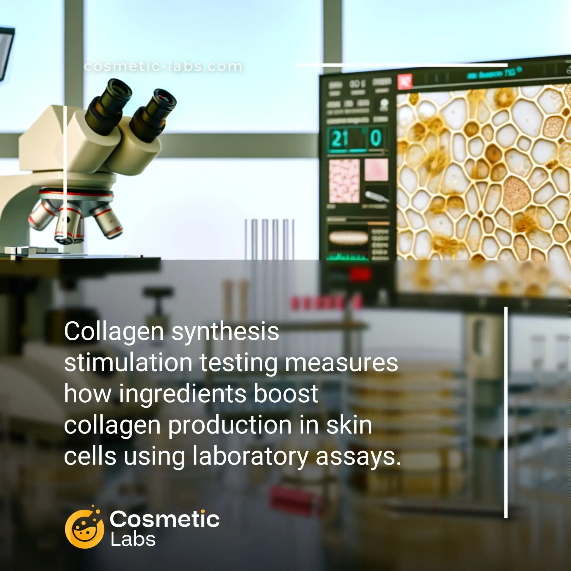Illustration of Collagen synthesis stimulation testing services. Collagen synthesis stimulation testing measures how ingredients boost collagen production in skin cells using laboratory assays.