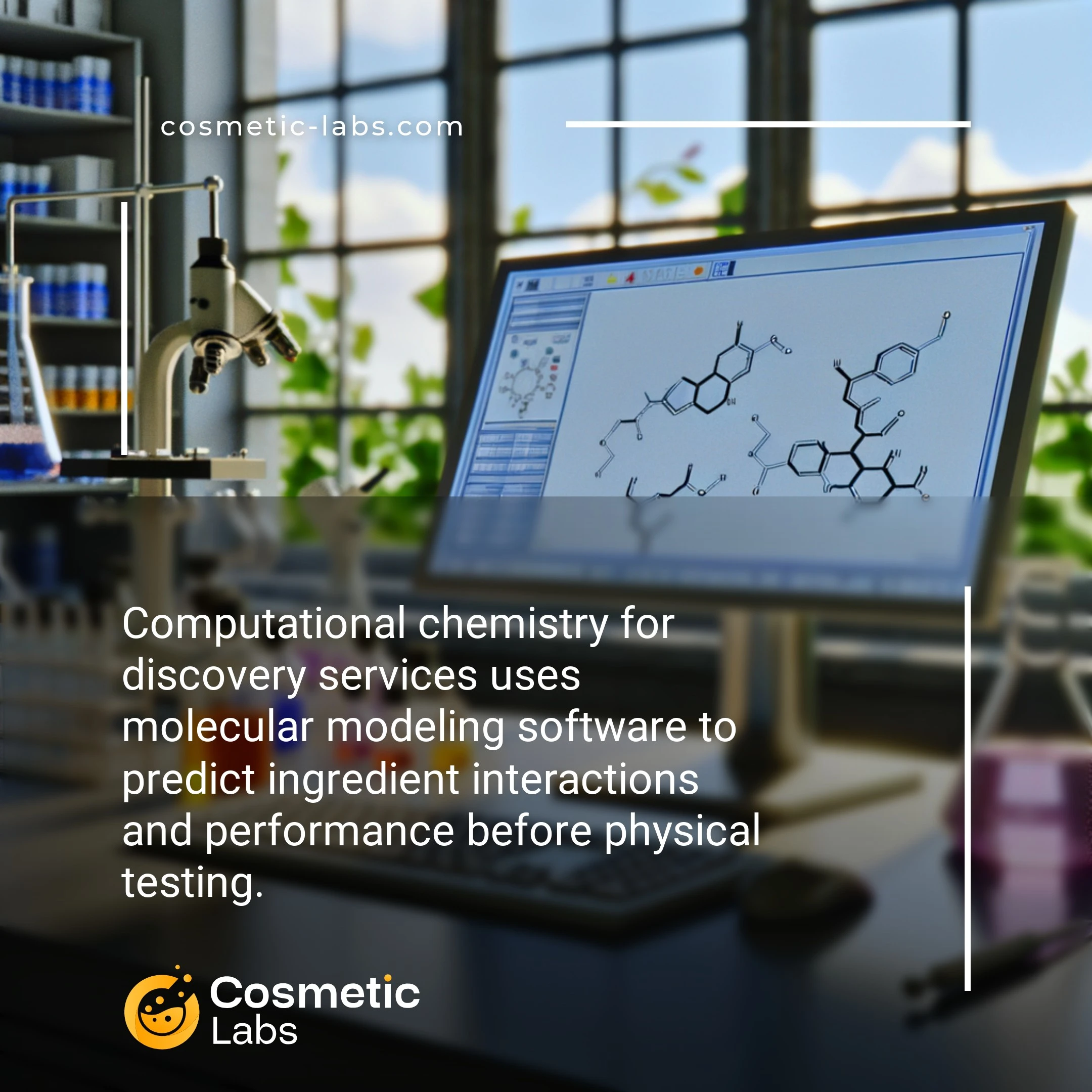 Illustration of Computational chemistry services. Computational chemistry for discovery services uses molecular modeling software to predict ingredient interactions and performance before physical testing.