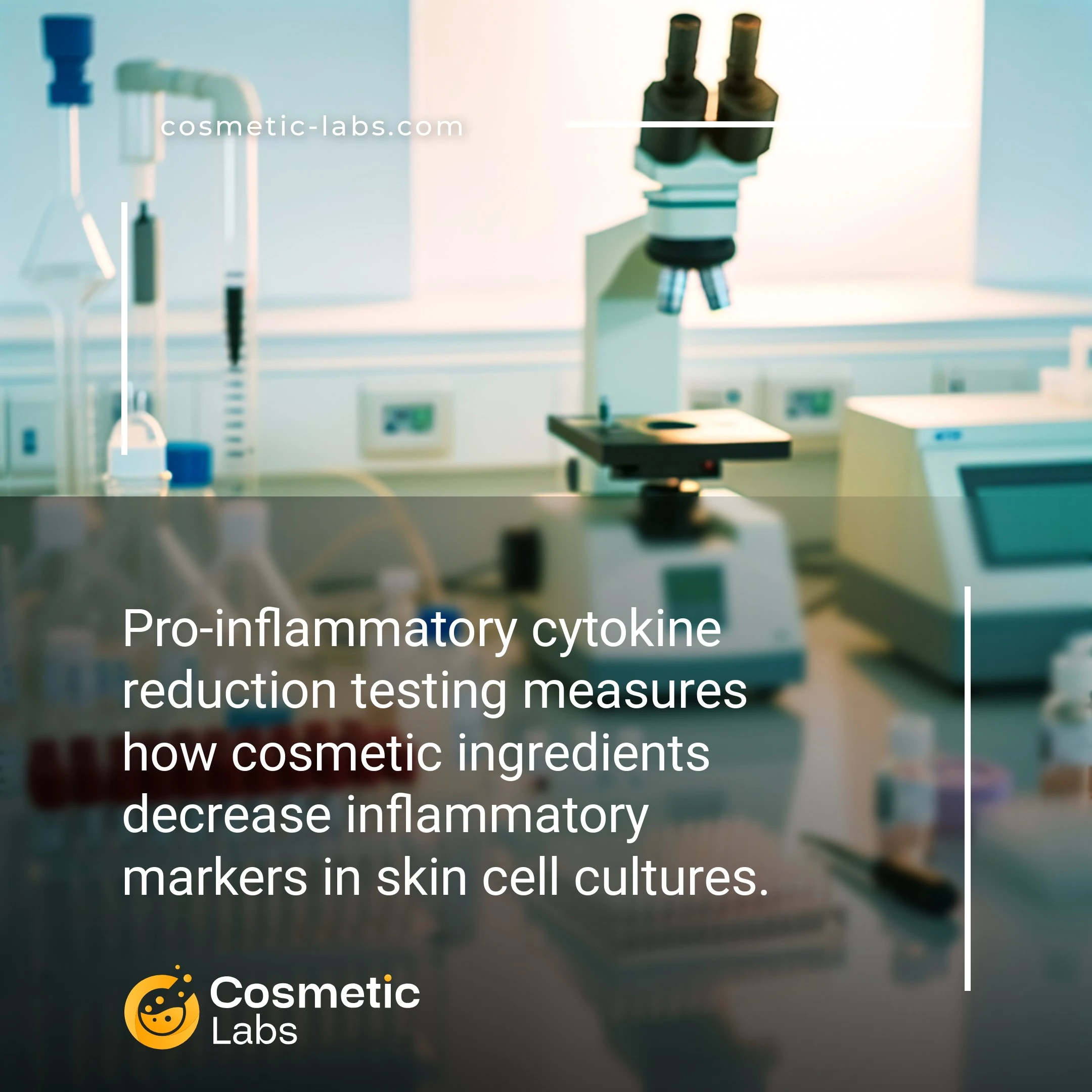 Illustration of Pro-inflammatory cytokines reduction testing services. Pro-inflammatory cytokine reduction testing measures how cosmetic ingredients decrease inflammatory markers in skin cell cultures.