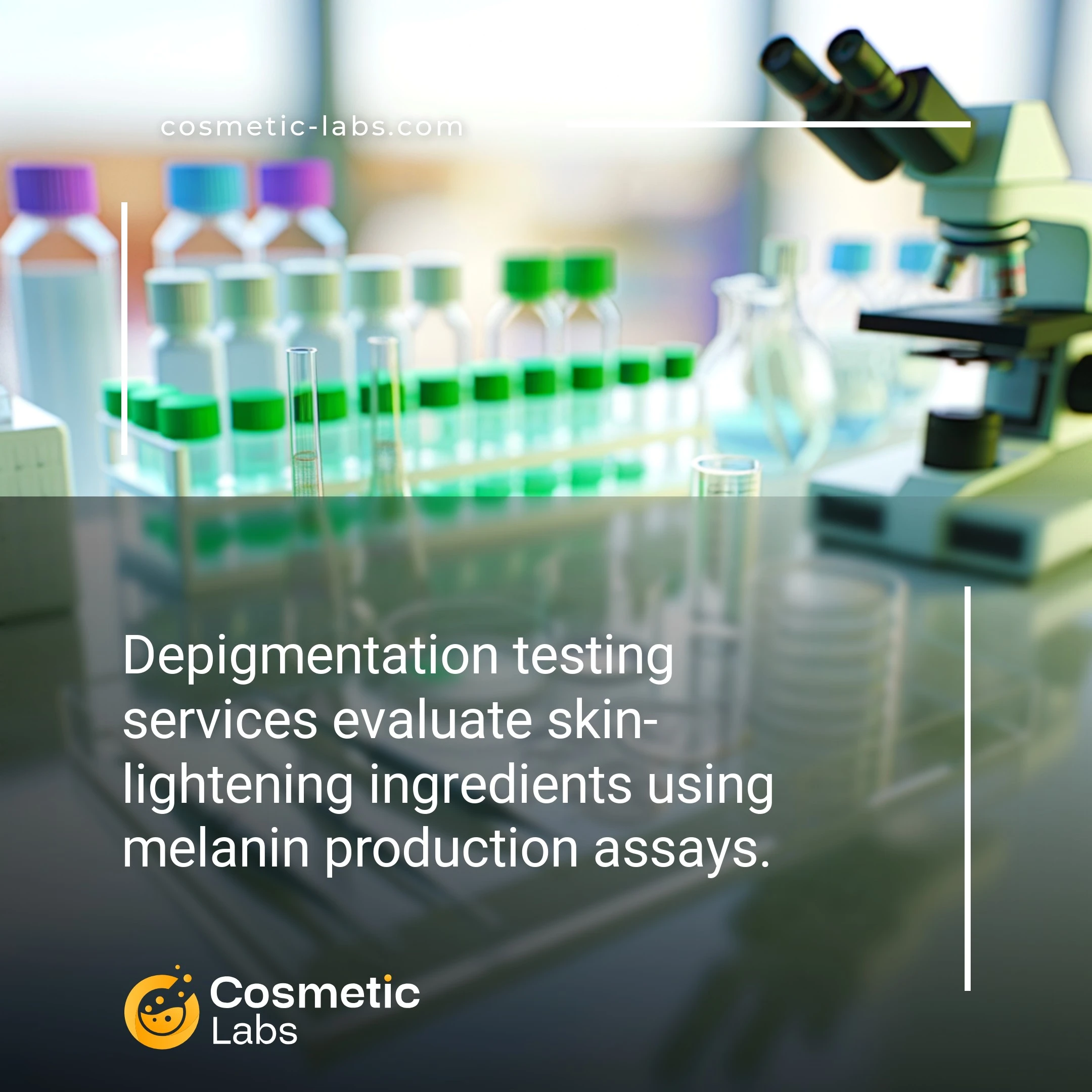 Illustration of Depigmentation testing services. Depigmentation testing services evaluate skin-lightening ingredients using melanin production assays.