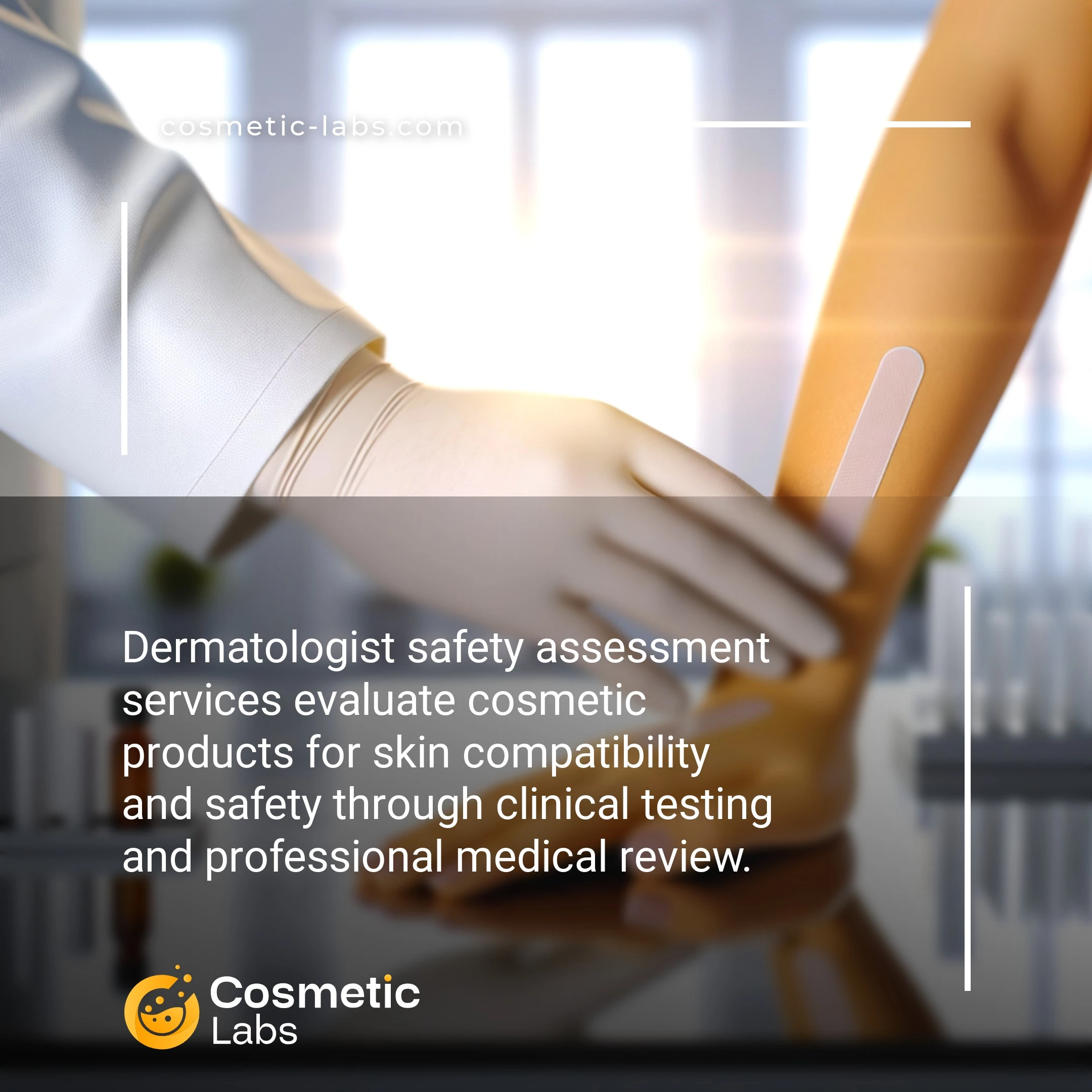 Illustration of Dermatologist safety assessment services. Dermatologist safety assessment services evaluate cosmetic products for skin compatibility and safety through clinical testing and professional medical review.