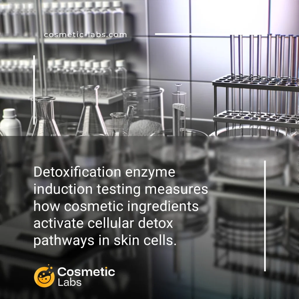 Illustration of Detoxification enzymes induction testing services. Detoxification enzyme induction testing measures how cosmetic ingredients activate cellular detox pathways in skin cells.