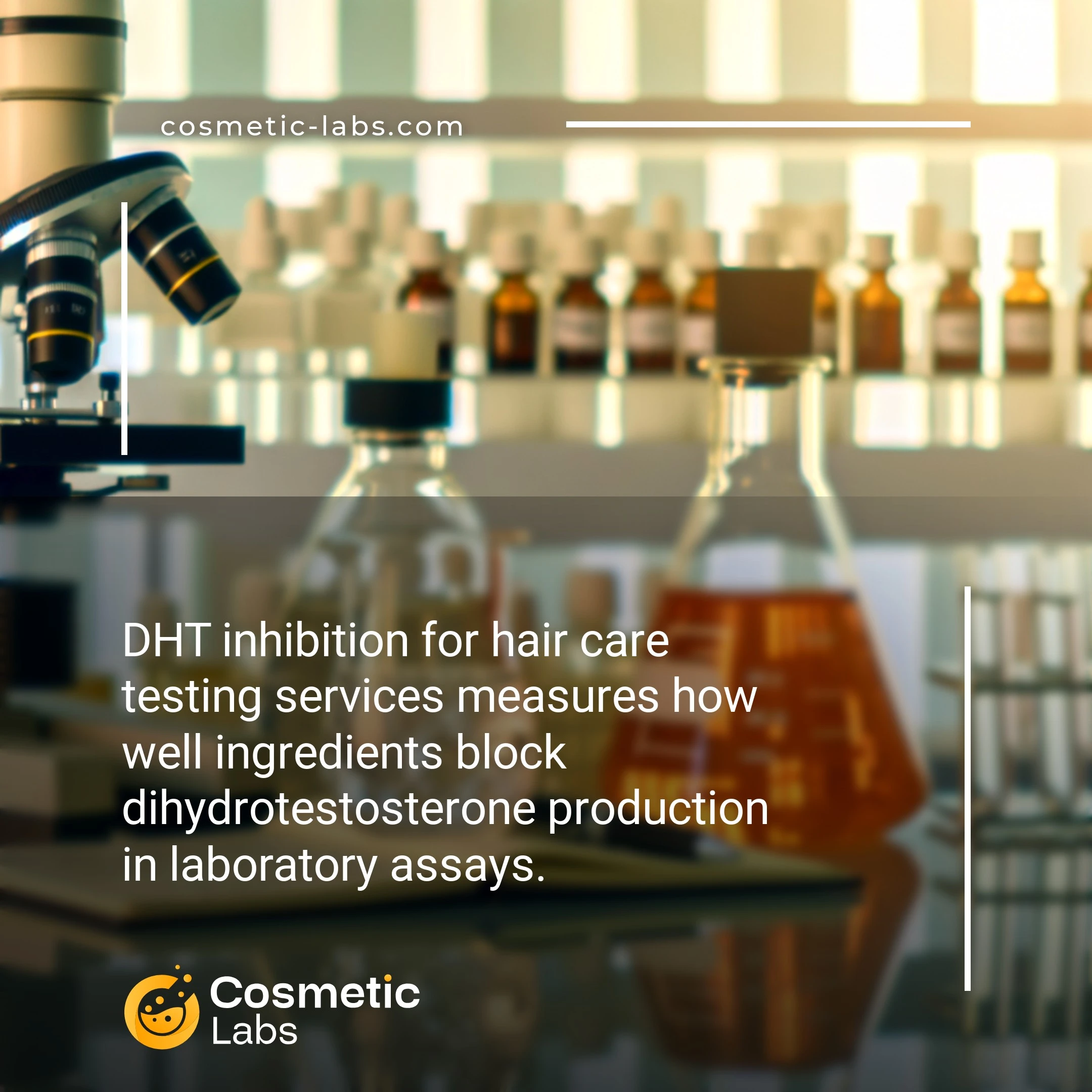 Illustration of DHT inhibition services. DHT inhibition for hair care testing services measures how well ingredients block dihydrotestosterone production in laboratory assays.
