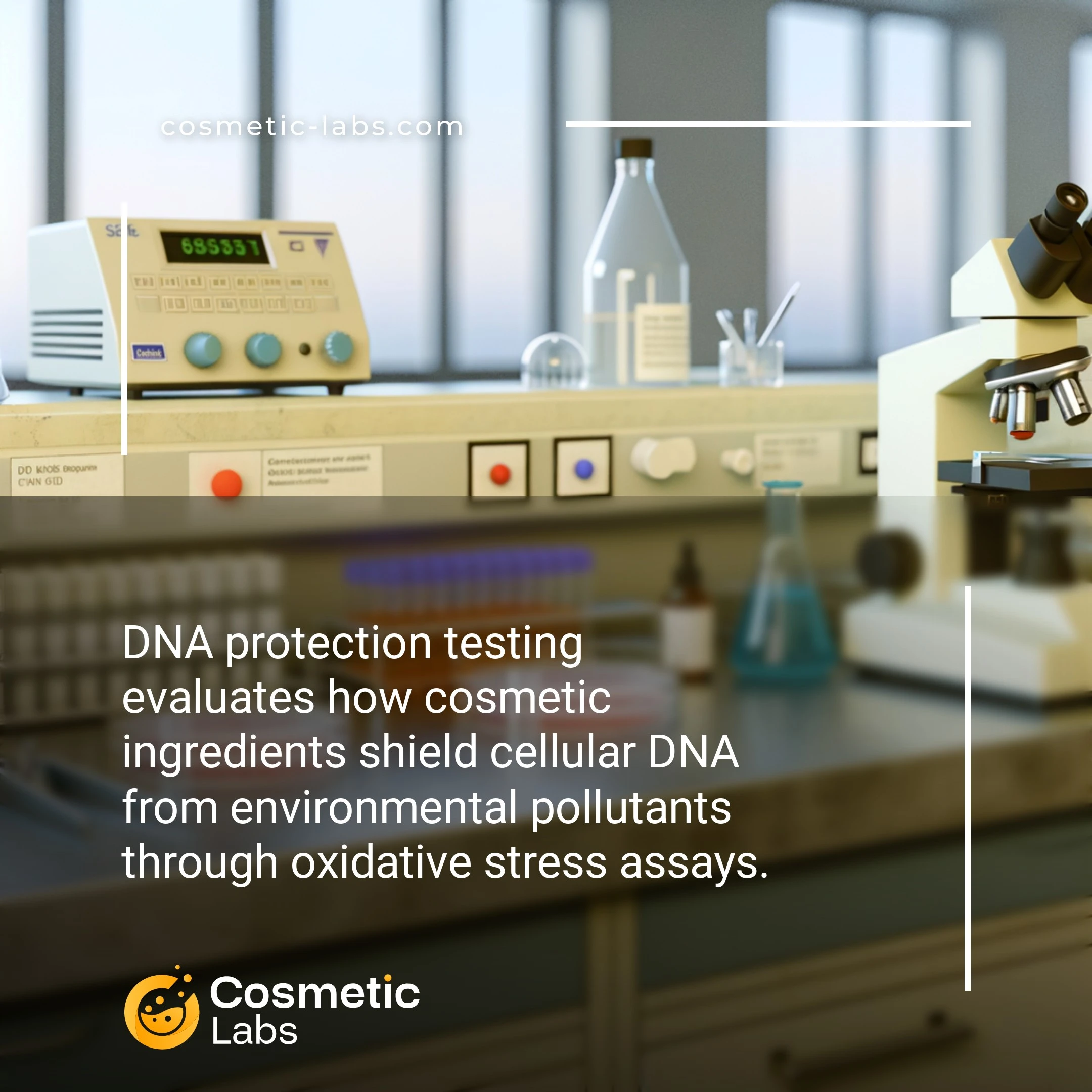 Illustration of DNA protection mechanisms services. DNA protection testing evaluates how cosmetic ingredients shield cellular DNA from environmental pollutants through oxidative stress assays.