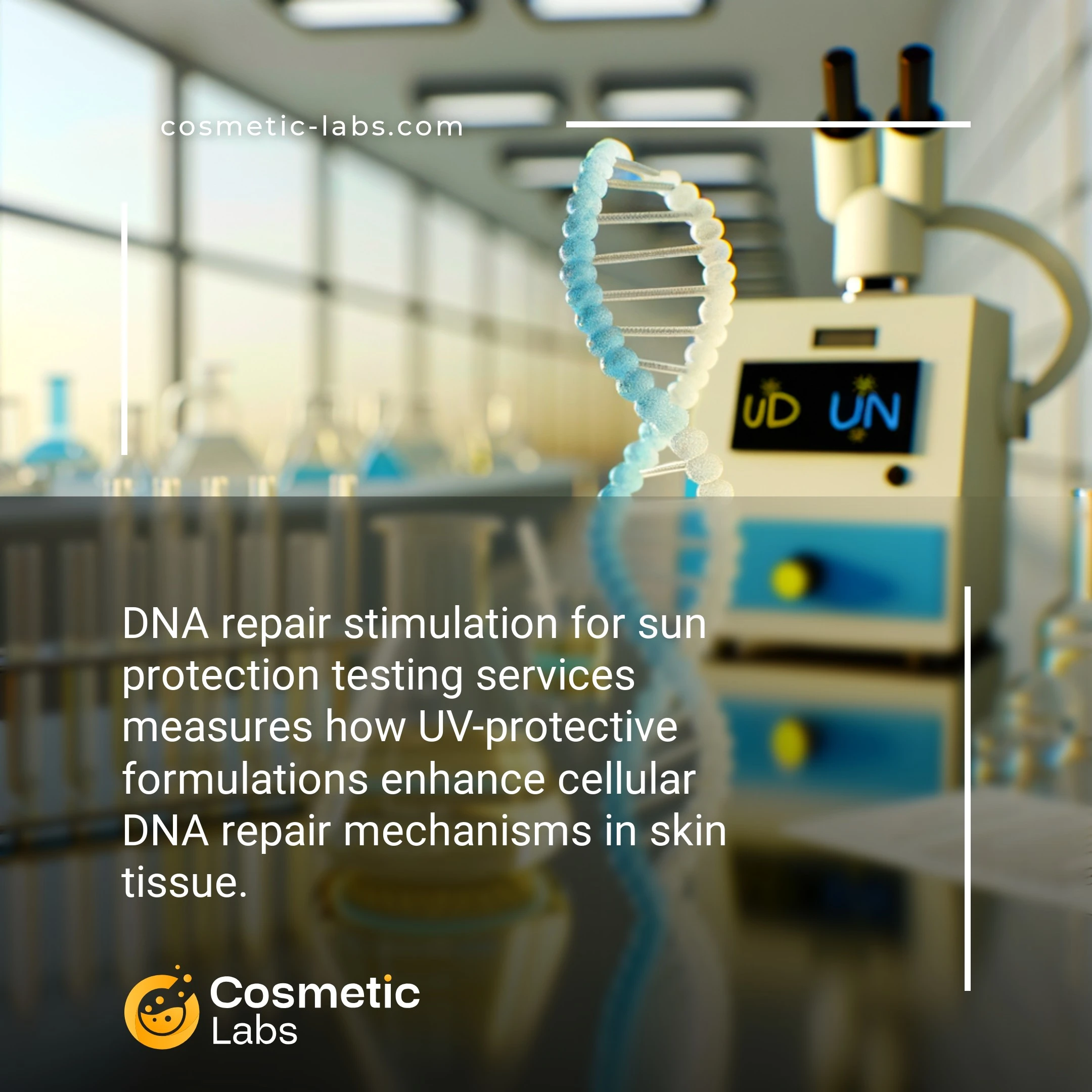 Illustration of DNA repair stimulation services. DNA repair stimulation for sun protection testing services measures how UV-protective formulations enhance cellular DNA repair mechanisms in skin tissue.