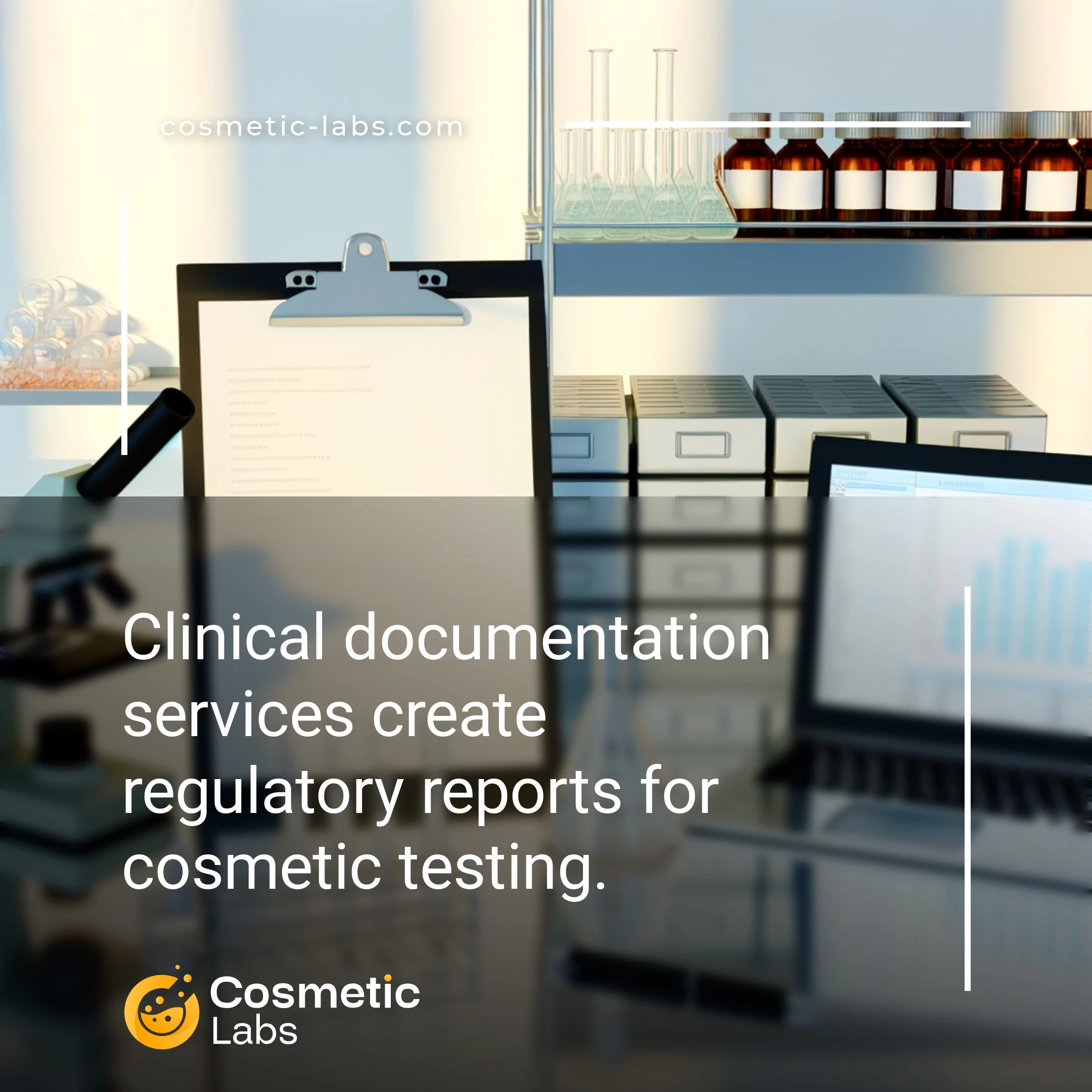 Illustration of Clinical documentation services. Clinical documentation services create regulatory reports for cosmetic testing.