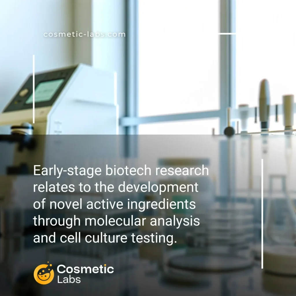 Illustration of Early-stage biotech research services. Early-stage biotech research relates to the development of novel active ingredients through molecular analysis and cell culture testing.