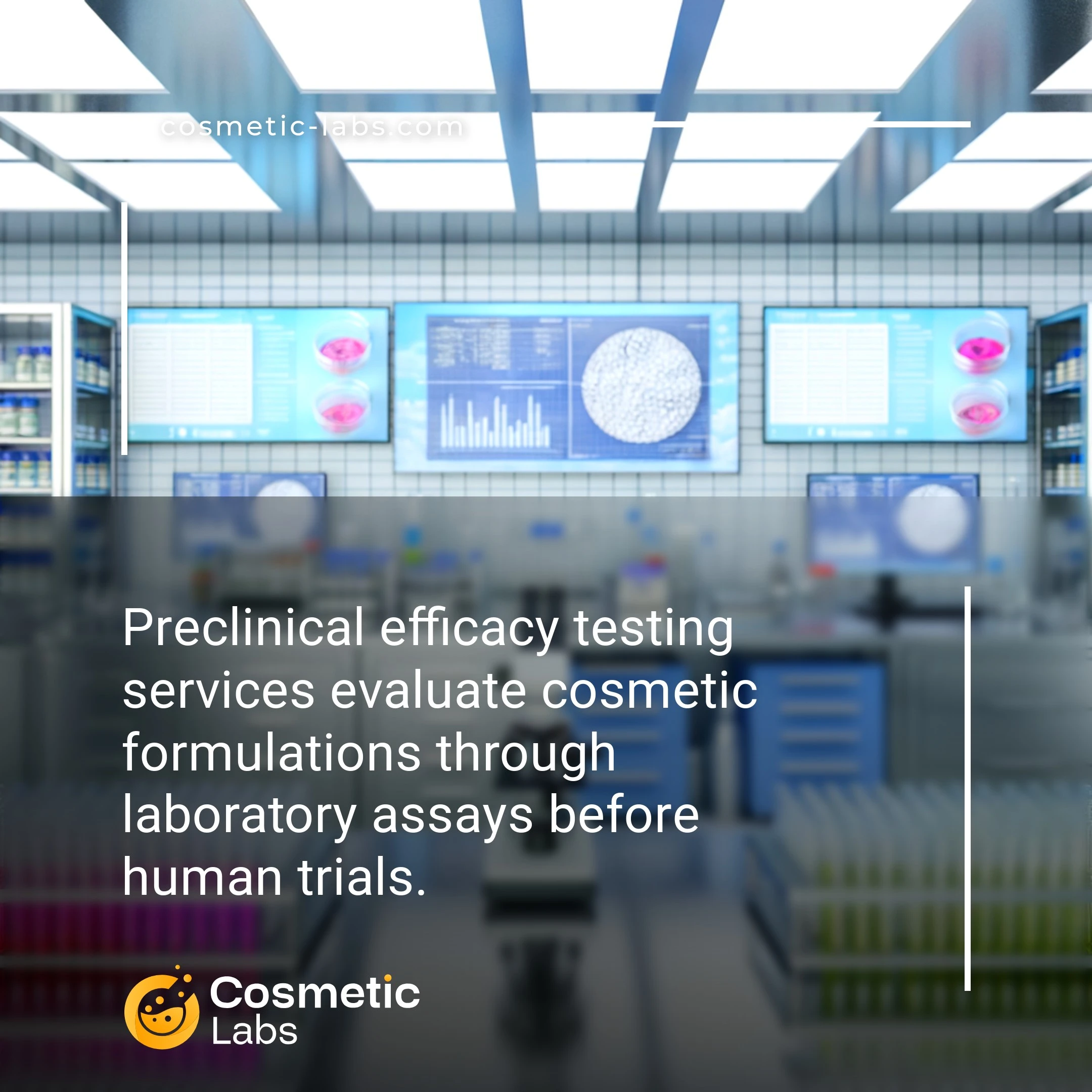 Illustration of Preclinical efficacy testing services. Preclinical efficacy testing services evaluate cosmetic formulations through laboratory assays before human trials.
