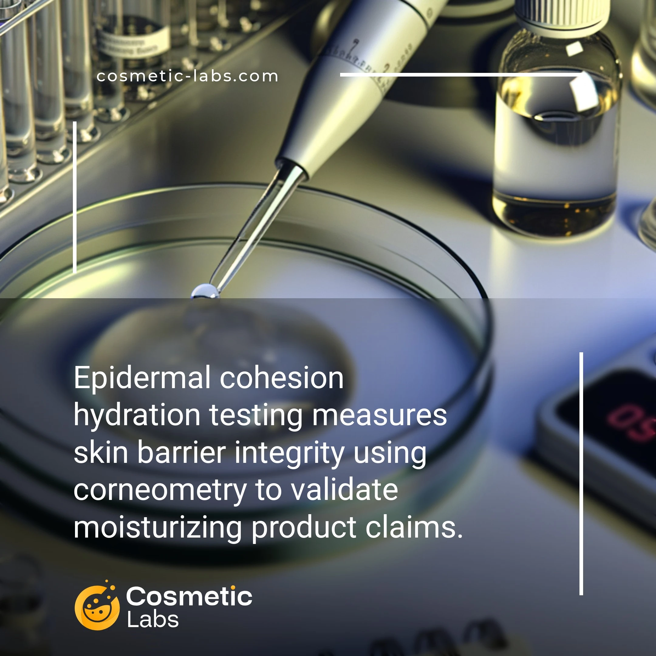 Illustration of Epidermal cohesion services. Epidermal cohesion hydration testing measures skin barrier integrity using corneometry to validate moisturizing product claims.