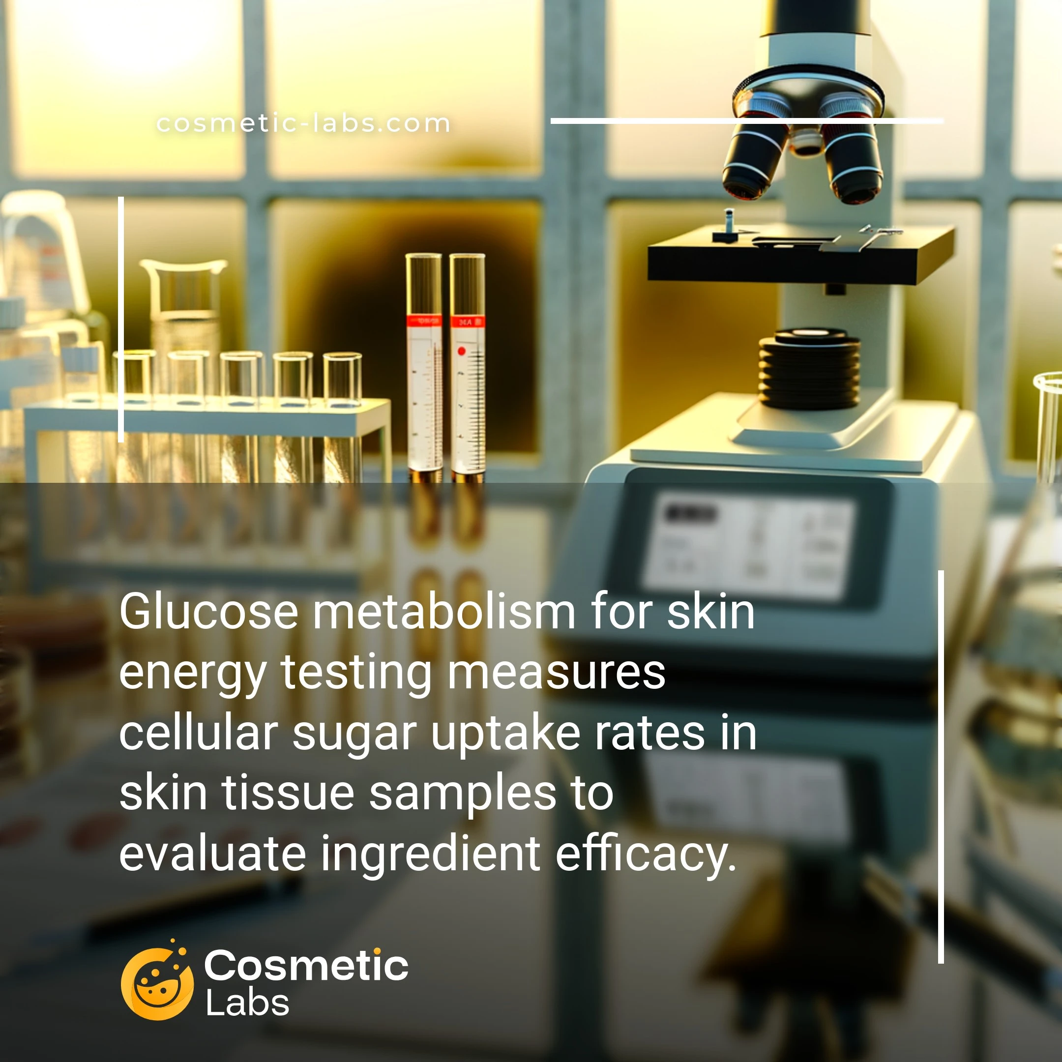 Illustration of Glucose metabolism services. Glucose metabolism for skin energy testing measures cellular sugar uptake rates in skin tissue samples to evaluate ingredient efficacy.