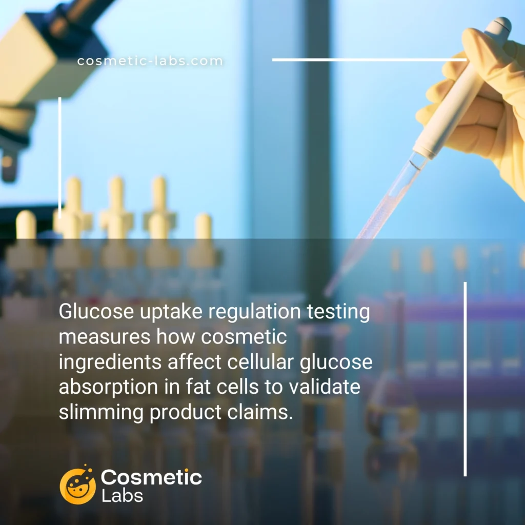Illustration of Glucose uptake regulation services. Glucose uptake regulation testing measures how cosmetic ingredients affect cellular glucose absorption in fat cells to validate slimming product claims.