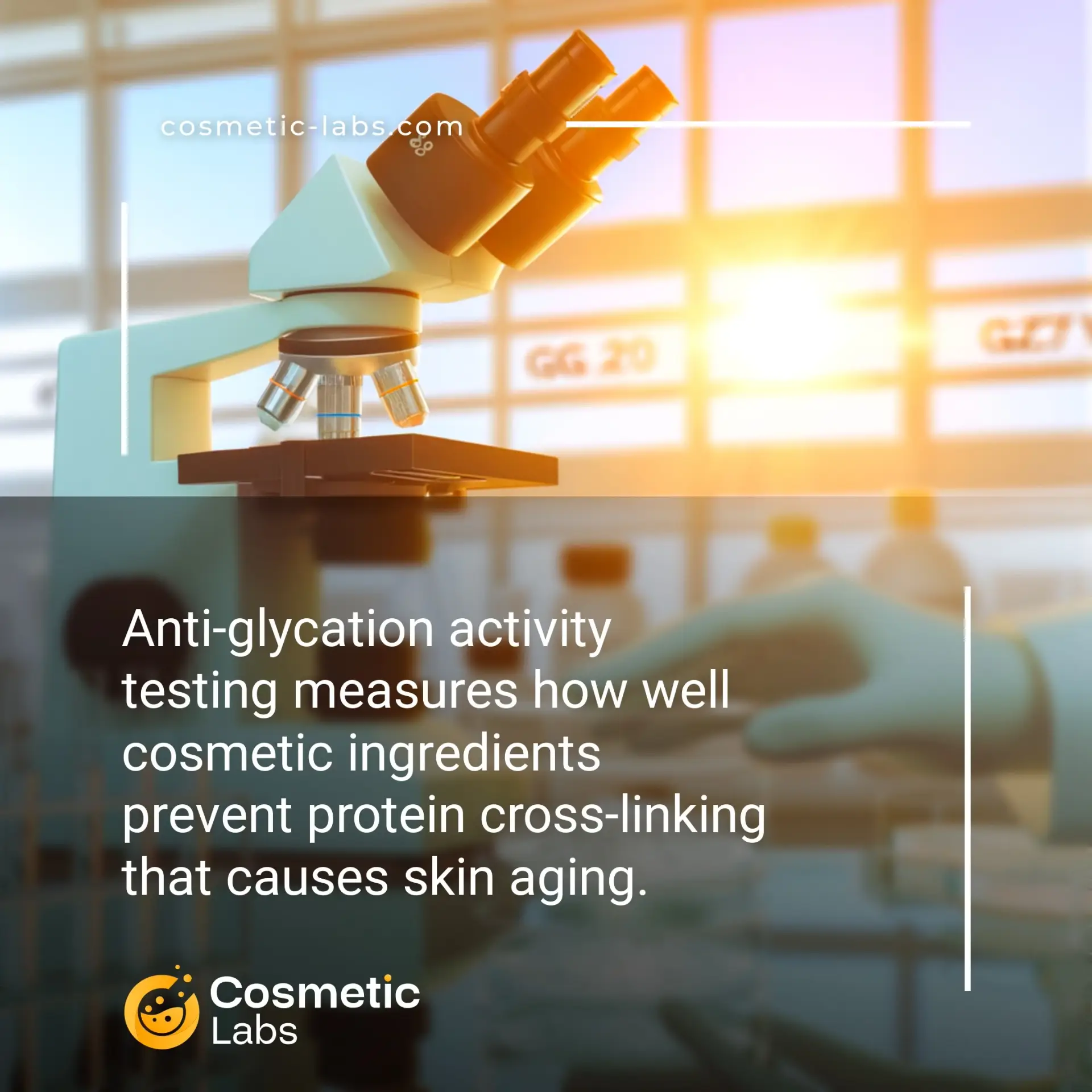 Illustration of Anti-glycation activity testing services. Anti-glycation activity testing measures how well cosmetic ingredients prevent protein cross-linking that causes skin aging.