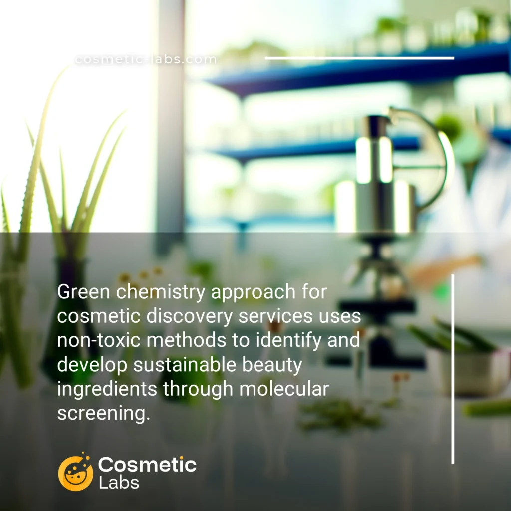 Illustration of Green chemistry approach services. Green chemistry approach for cosmetic discovery services uses non-toxic methods to identify and develop sustainable beauty ingredients through molecular screening.