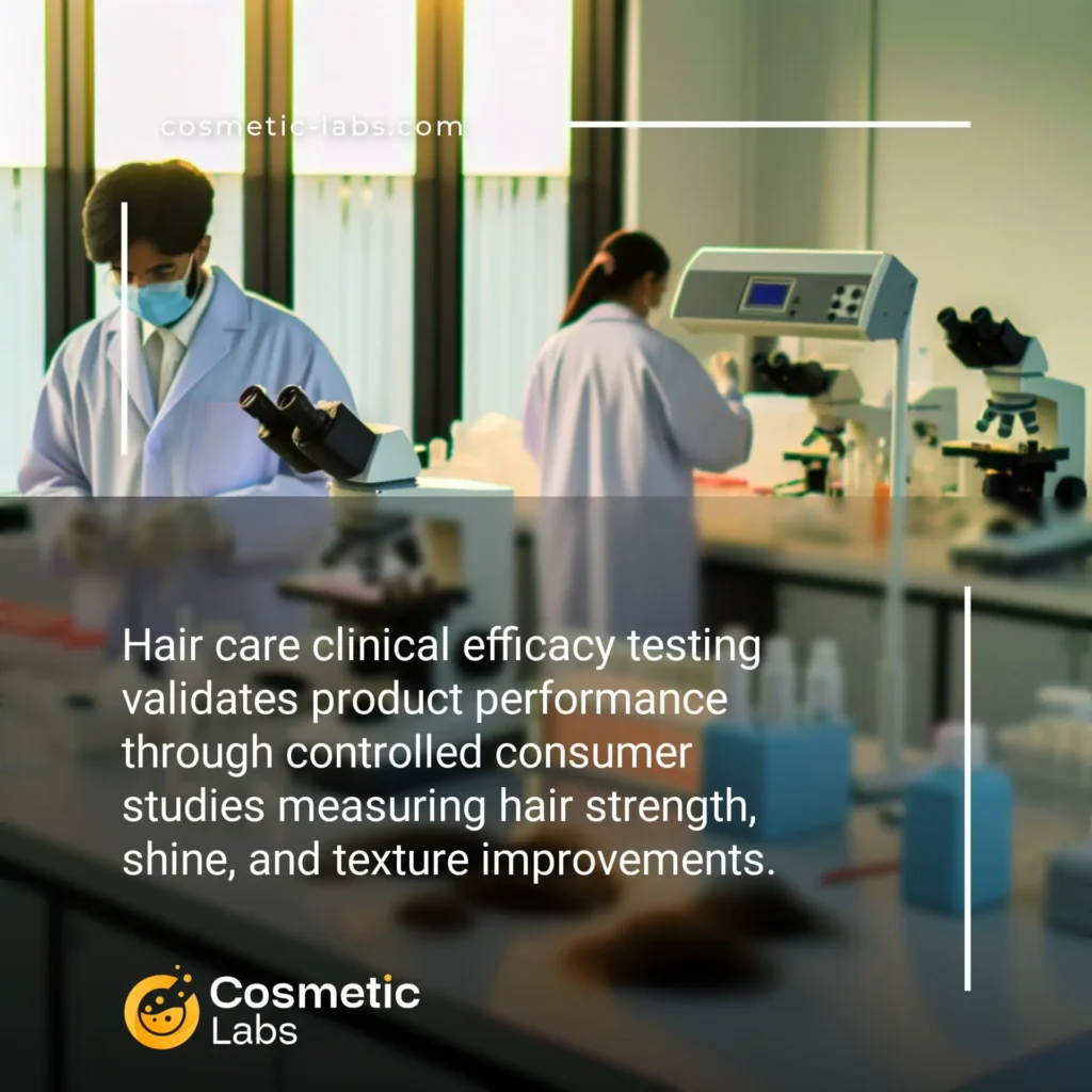 Illustration of Hair care efficacy testing services. Hair care clinical efficacy testing validates product performance through controlled consumer studies measuring hair strength, shine, and texture improvements.