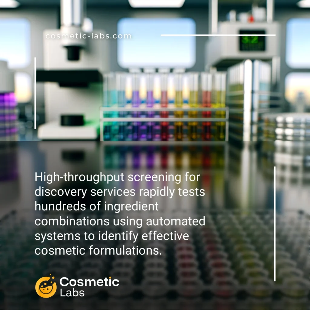Illustration of High-throughput screening services. High-throughput screening for discovery services rapidly tests hundreds of ingredient combinations using automated systems to identify effective cosmetic formulations.