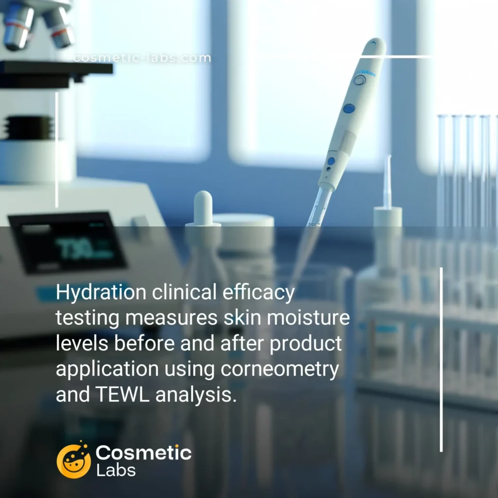 Illustration of Hydration efficacy testing services. Hydration clinical efficacy testing measures skin moisture levels before and after product application using corneometry and TEWL analysis.