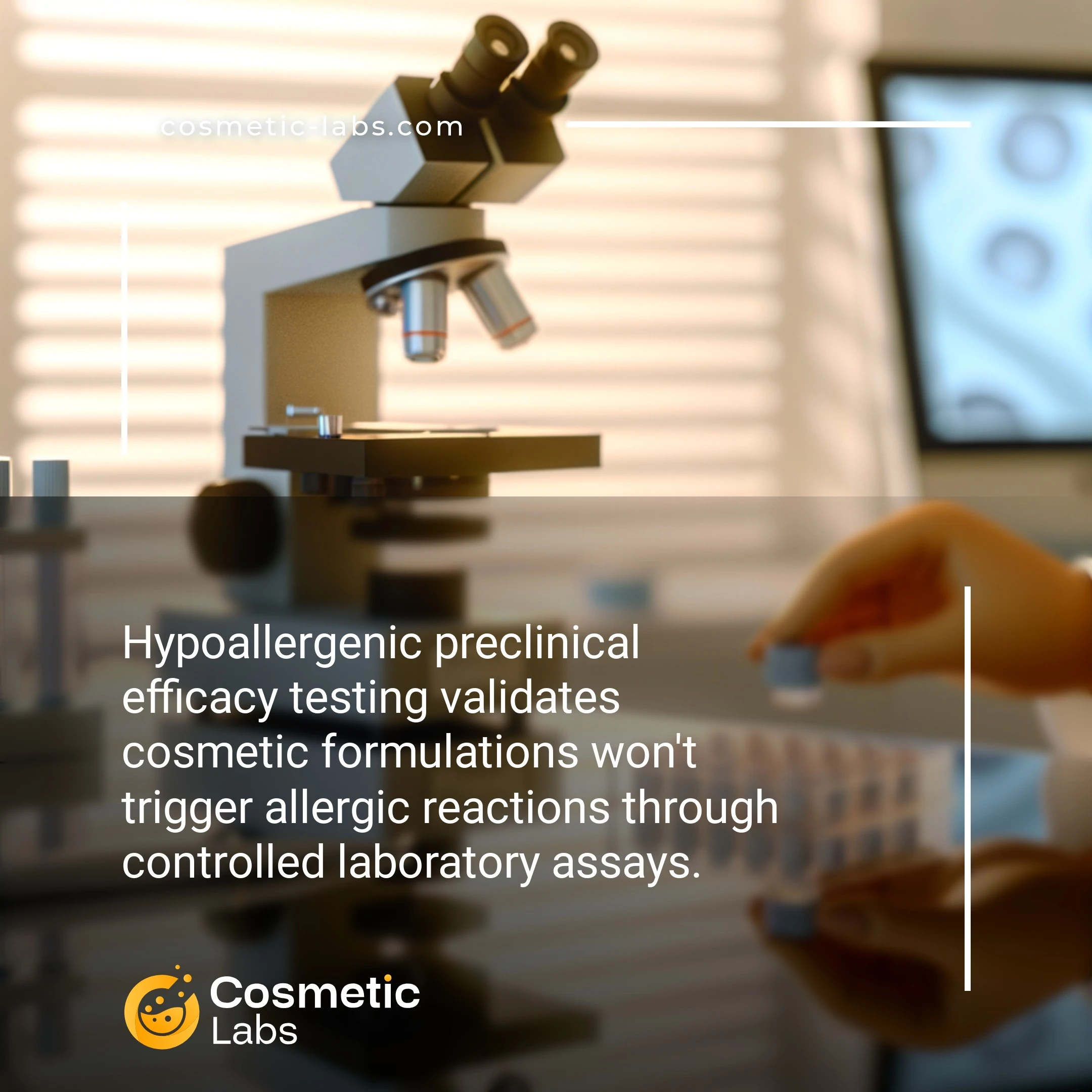 Illustration of Lip care efficacy testing services. Hypoallergenic preclinical efficacy testing validates cosmetic formulations won't trigger allergic reactions through controlled laboratory assays.