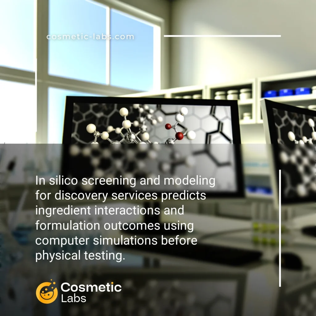Illustration of In silico screening and modeling services. In silico screening and modeling for discovery services predicts ingredient interactions and formulation outcomes using computer simulations before physical testing.