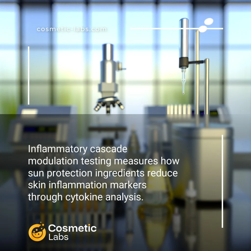 Illustration of Inflammatory cascade modulation services. Inflammatory cascade modulation testing measures how sun protection ingredients reduce skin inflammation markers through cytokine analysis.