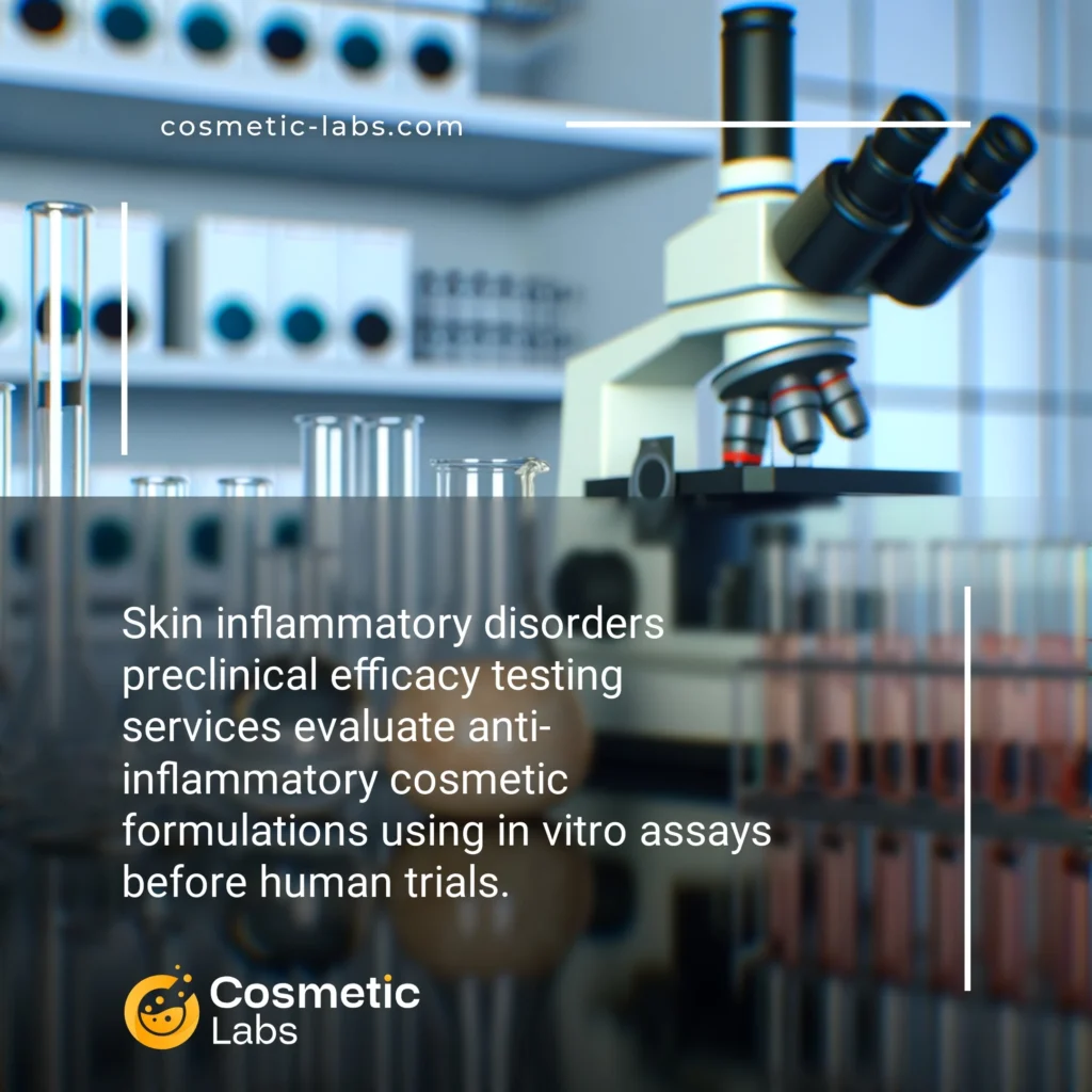 Illustration of Skin inflammatory disorders efficacy testing services. Skin inflammatory disorders preclinical efficacy testing services evaluate anti-inflammatory cosmetic formulations using in vitro assays before human trials.