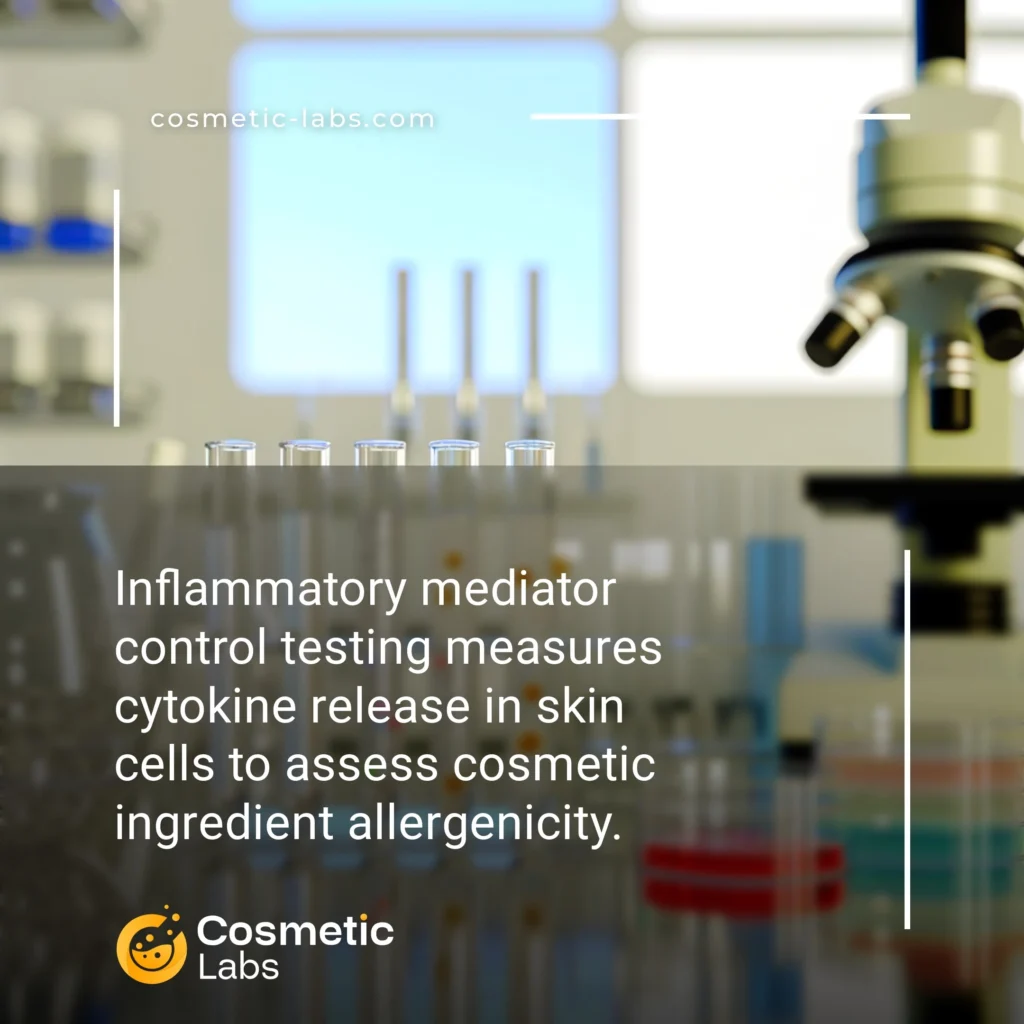 Illustration of Inflammatory mediators control services. Inflammatory mediator control testing measures cytokine release in skin cells to assess cosmetic ingredient allergenicity.
