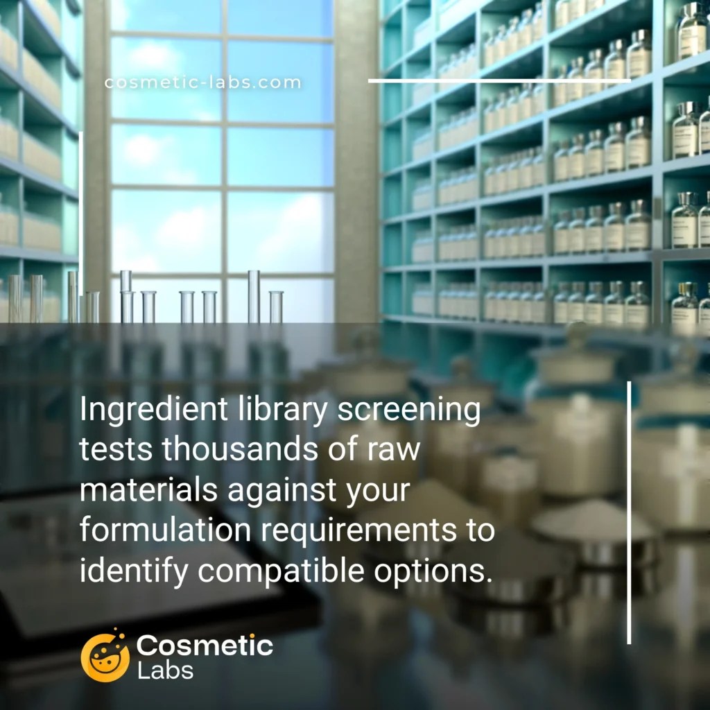 Illustration of Ingredient libraries screening services. Ingredient library screening tests thousands of raw materials against your formulation requirements to identify compatible options.