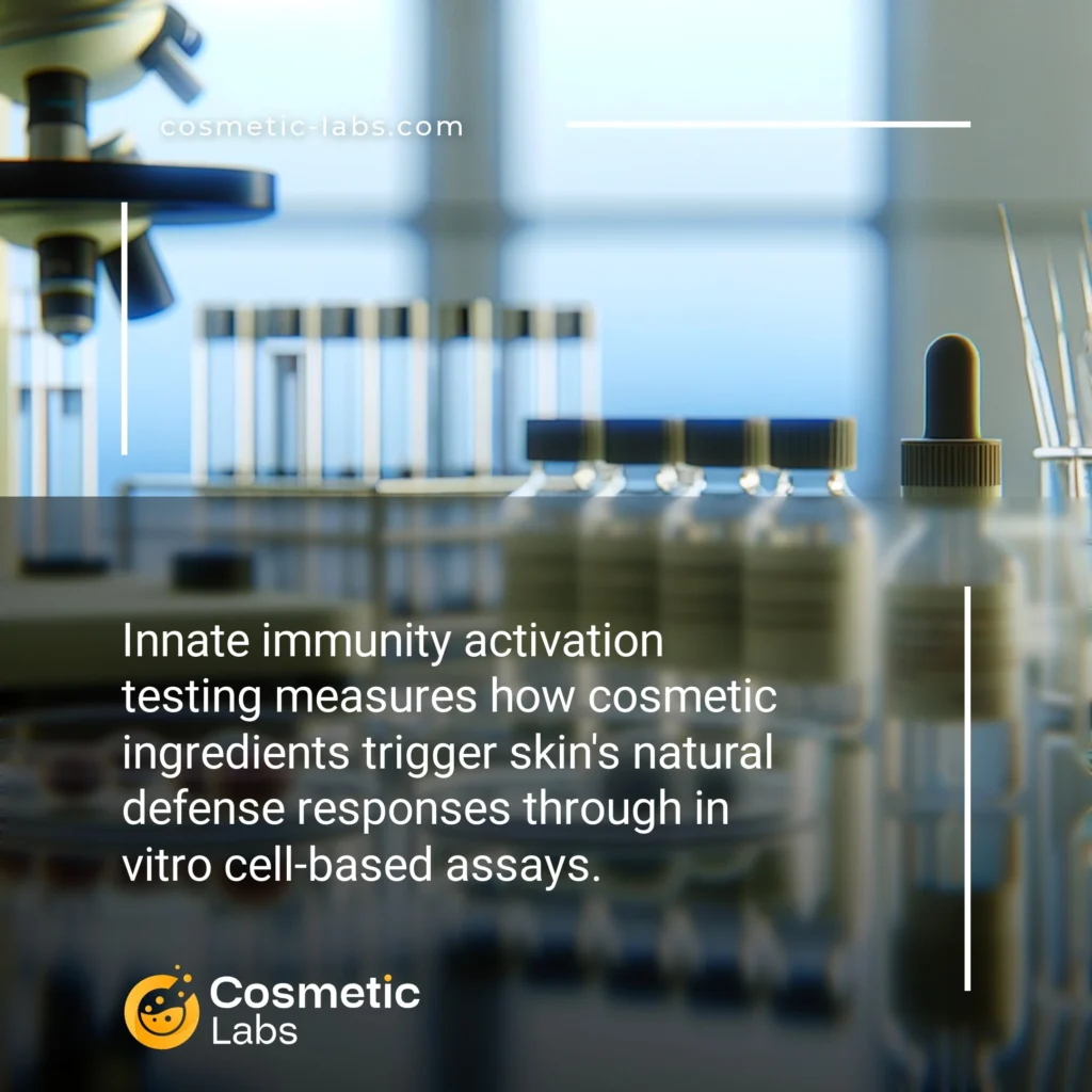 Illustration of Innate immunity activation testing services. Innate immunity activation testing measures how cosmetic ingredients trigger skin's natural defense responses through in vitro cell-based assays.