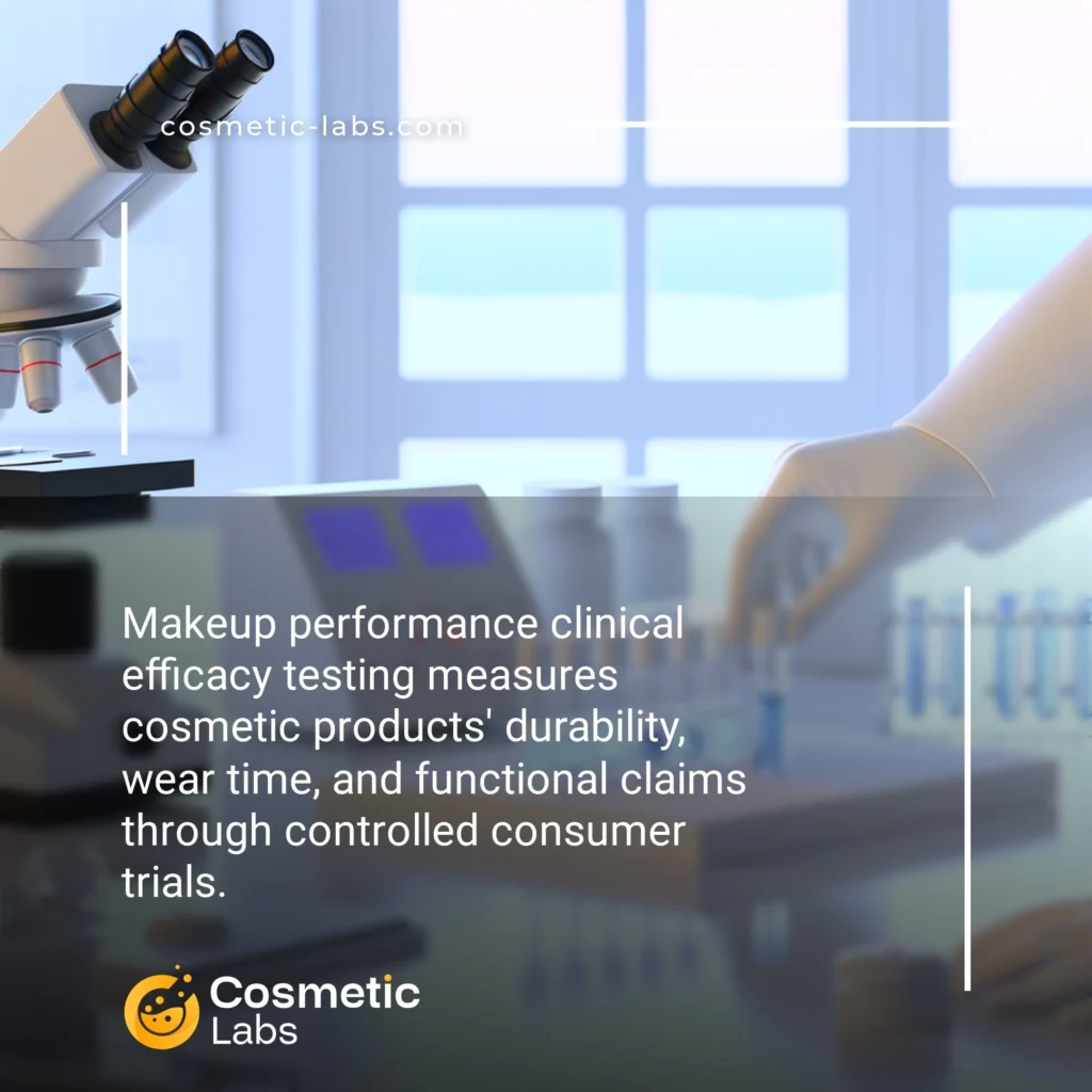 Illustration of Makeup performance efficacy testing services. Makeup performance clinical efficacy testing measures cosmetic products' durability, wear time, and functional claims through controlled consumer trials.