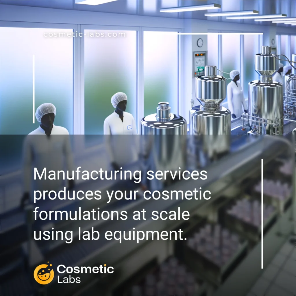 Illustration of Manufacturing services. Manufacturing services produces your cosmetic formulations at scale using lab equipment.