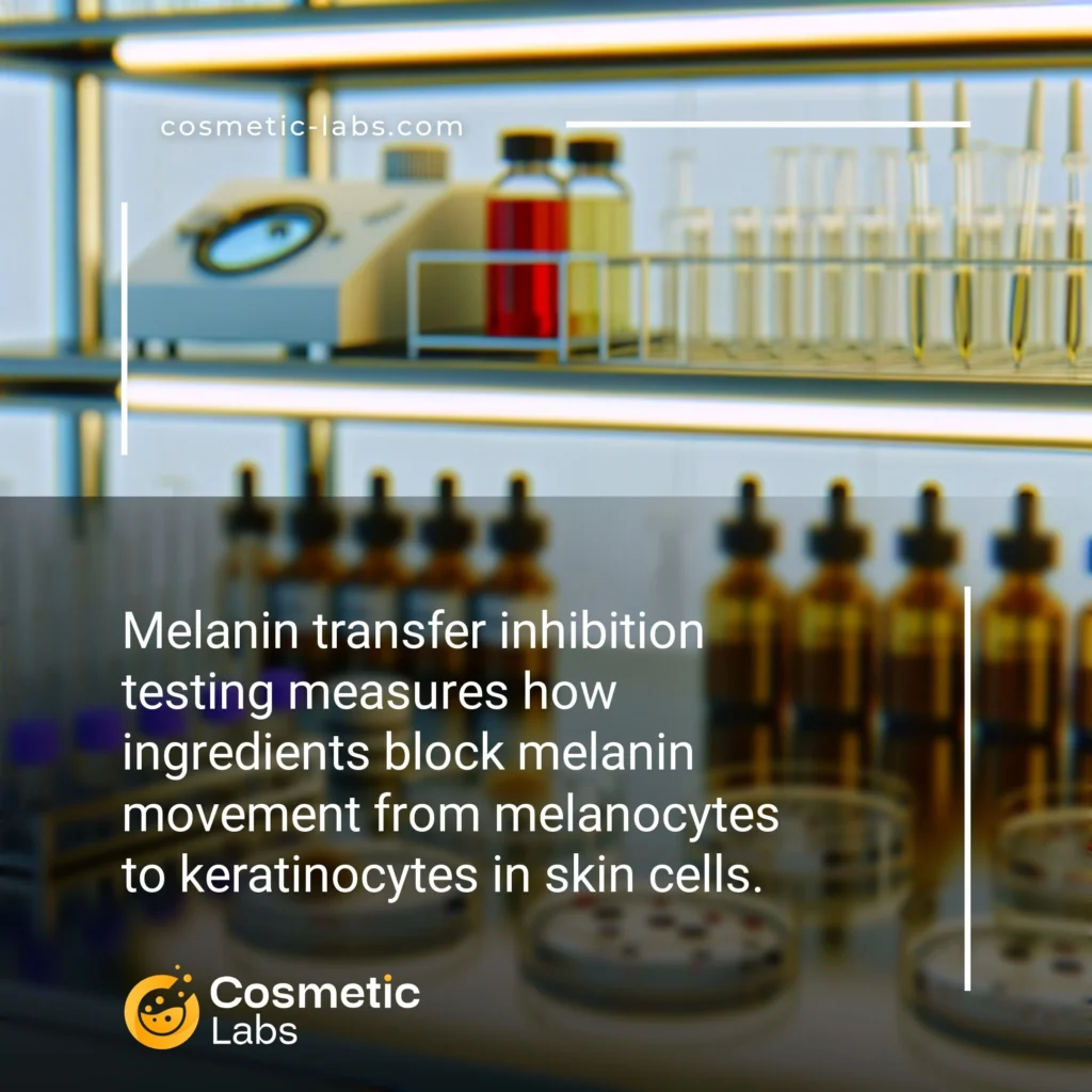Illustration of Melanin transfer inhibition testing services. Melanin transfer inhibition testing measures how ingredients block melanin movement from melanocytes to keratinocytes in skin cells.