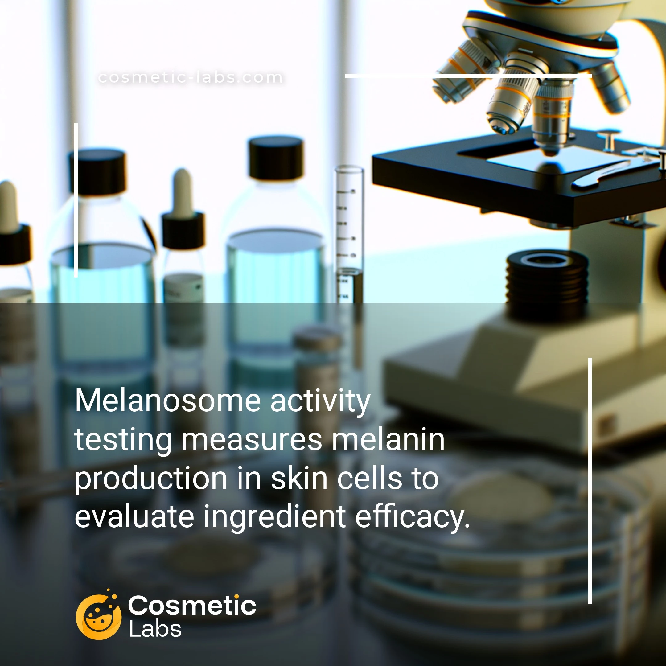 Illustration of Melanosome activity testing services. Melanosome activity testing measures melanin production in skin cells to evaluate ingredient efficacy.