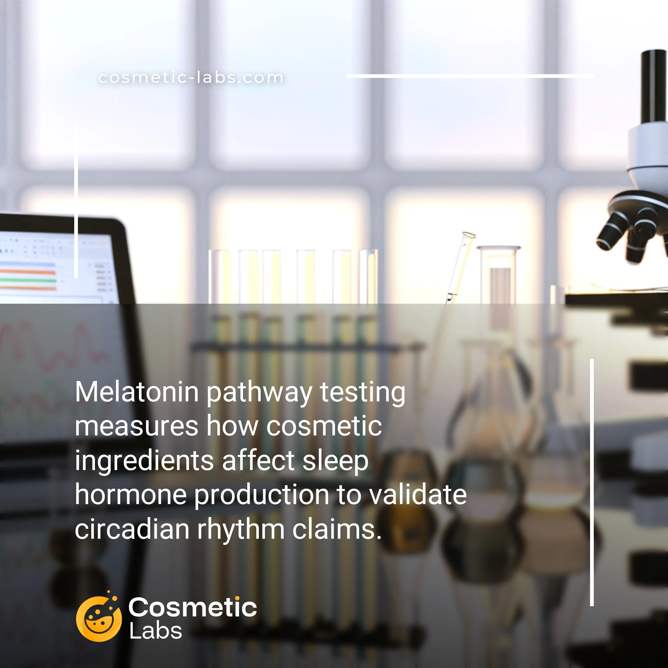 Illustration of Melatonin pathway testing services. Melatonin pathway testing measures how cosmetic ingredients affect sleep hormone production to validate circadian rhythm claims.